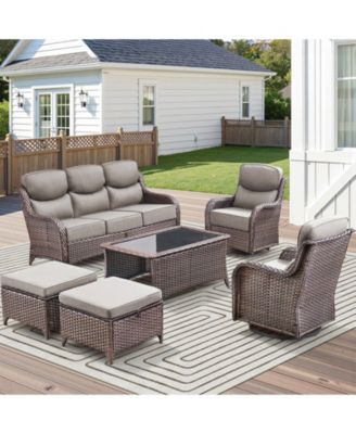 6 Pieces Outdoor Furniture Set Wicker Outdoor Sofa with Swivel Rocking Chairs,Patio Ottomans,Outdoor Coffee Table