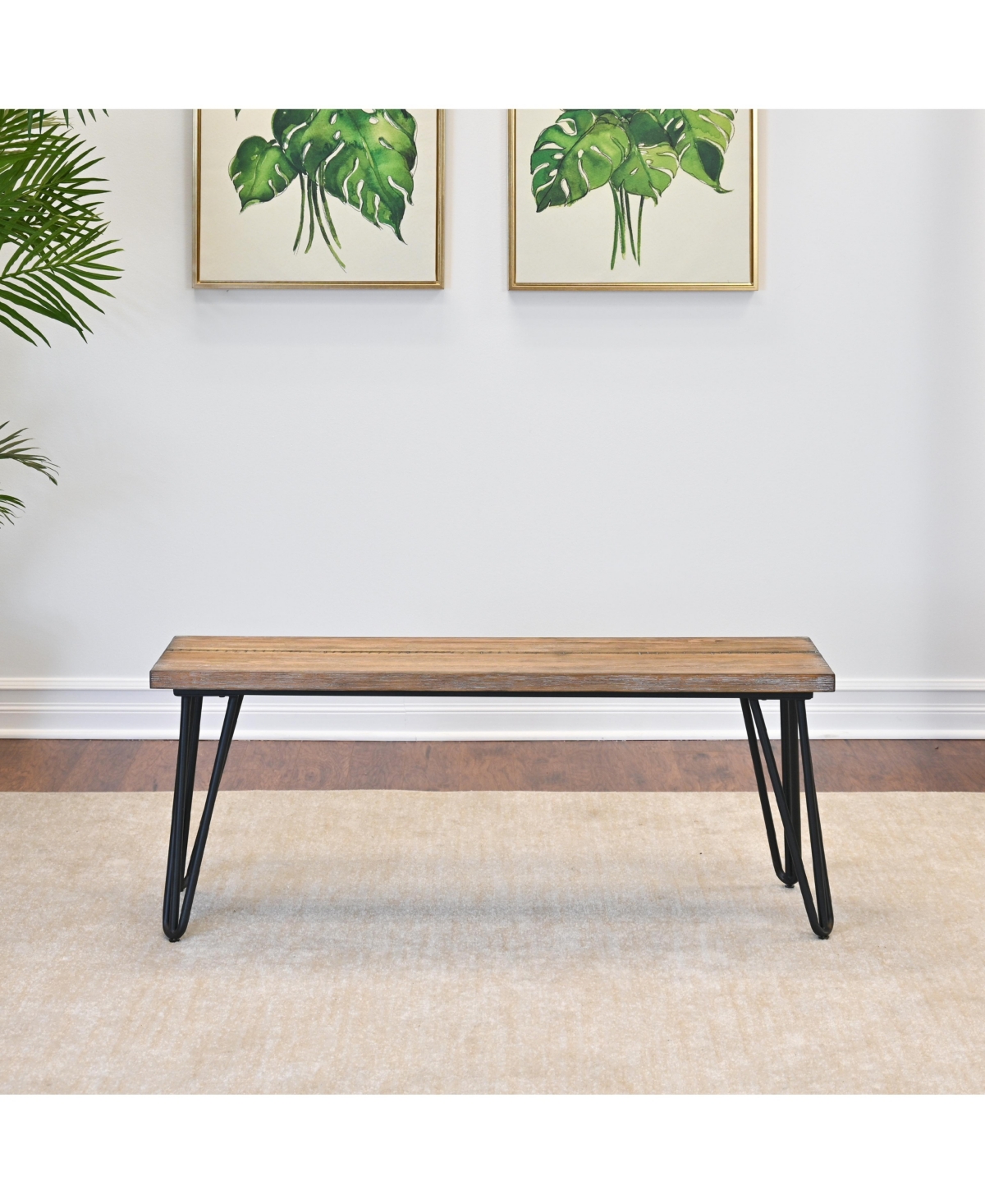 Flynama Aryven Industrial Dining Bench - Rustic Dark Pine Wood Top with Hairpin Metal Legs
