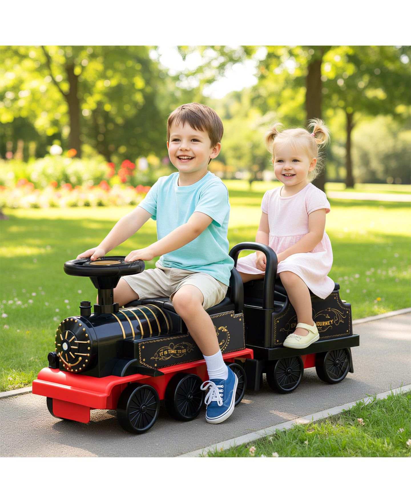 Детская игрушка Gymax Ride on Train 6V Battery Powered Ride on Toy with Under-Seat Storage and Carriage, цвет: Чёрный — фото 2