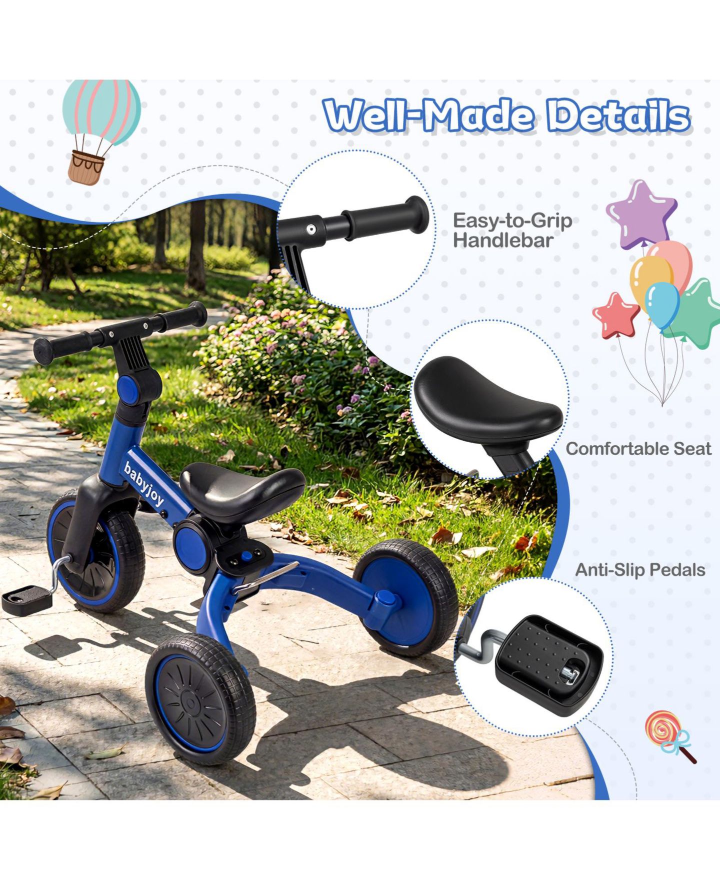 Детская игрушка Gymax 5-In-1 Toddler Bike Kids Balance Bike w/ Removable Pedals Adjustable Handlebar, цвет: Синий — фото 6