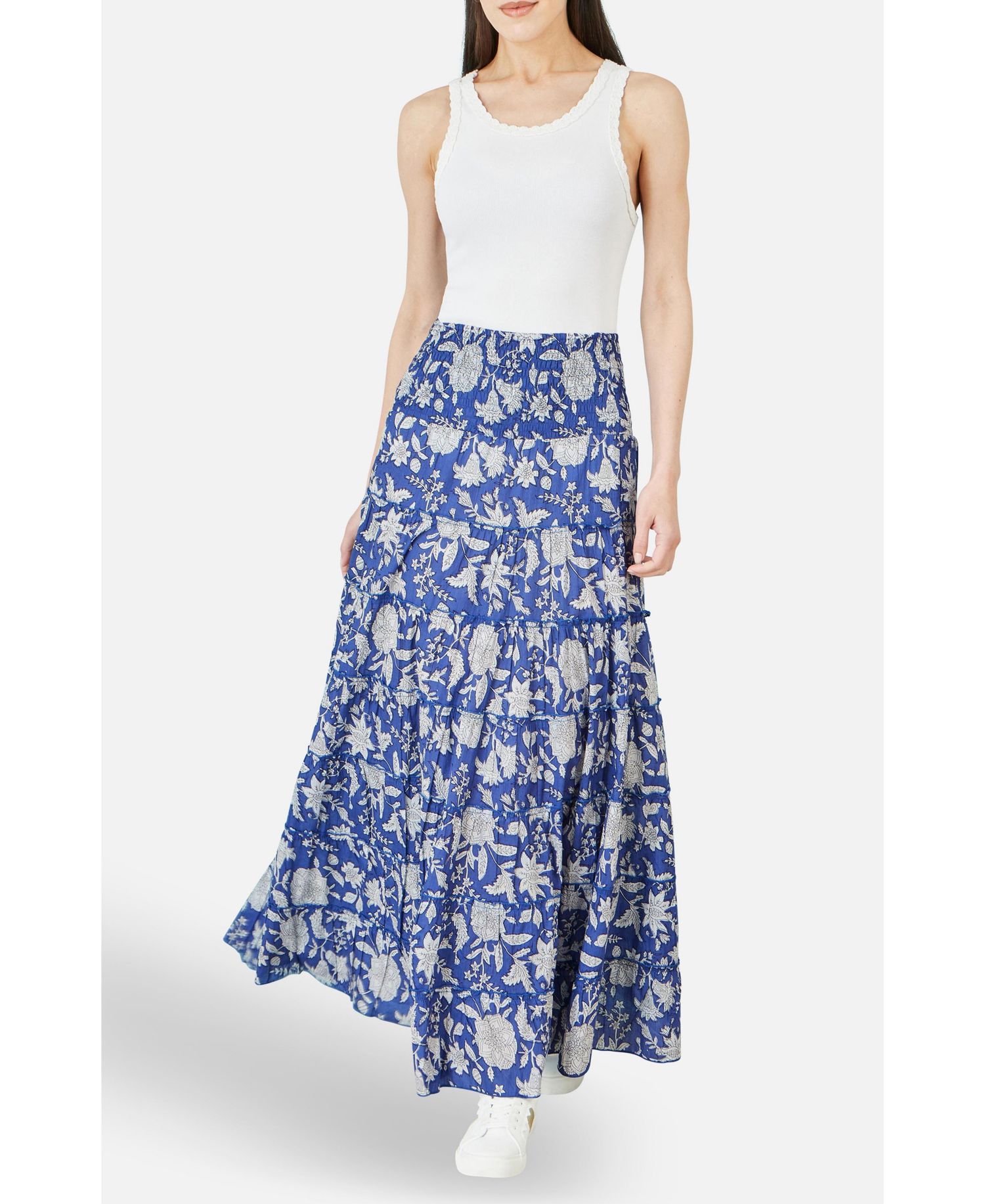 Women's Floral Cotton Tiered Maxi Skirt