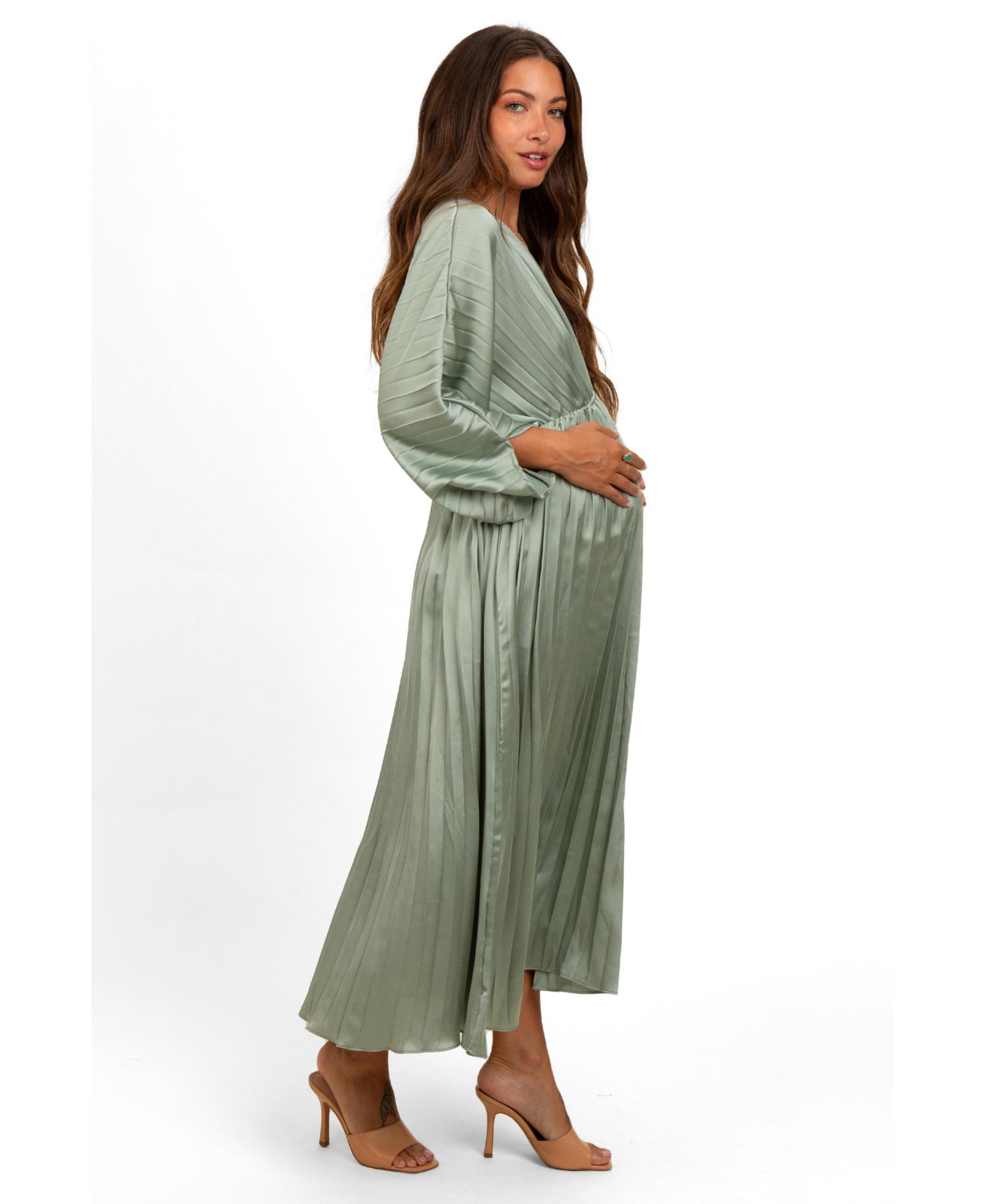 Women's Satin Pleated V-Neck Maxi Dress