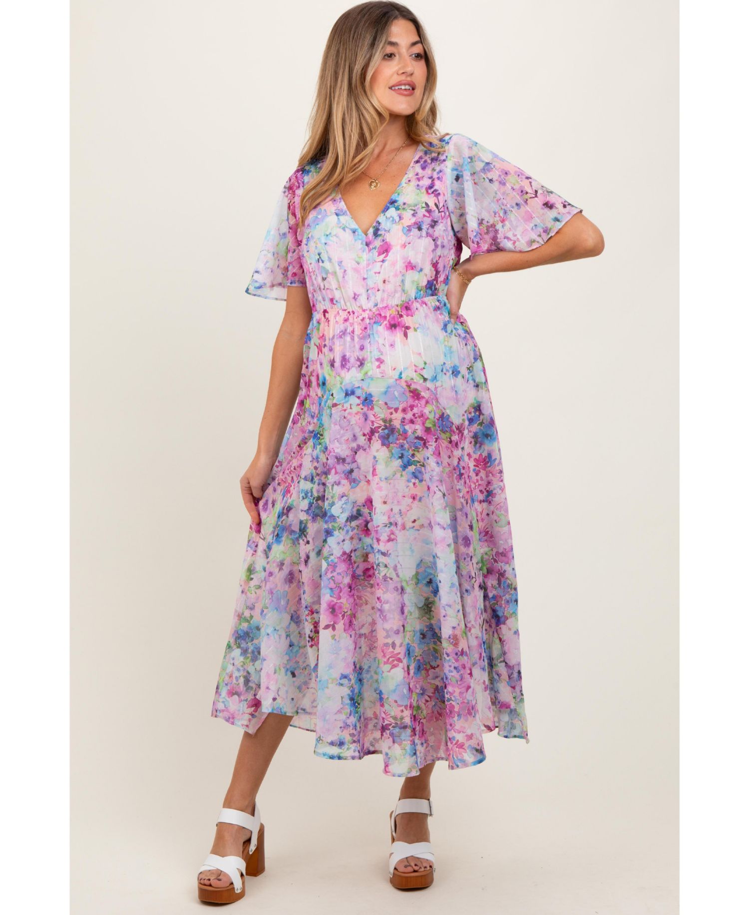 Women's Floral Flutter Sleeve Midi Dress
