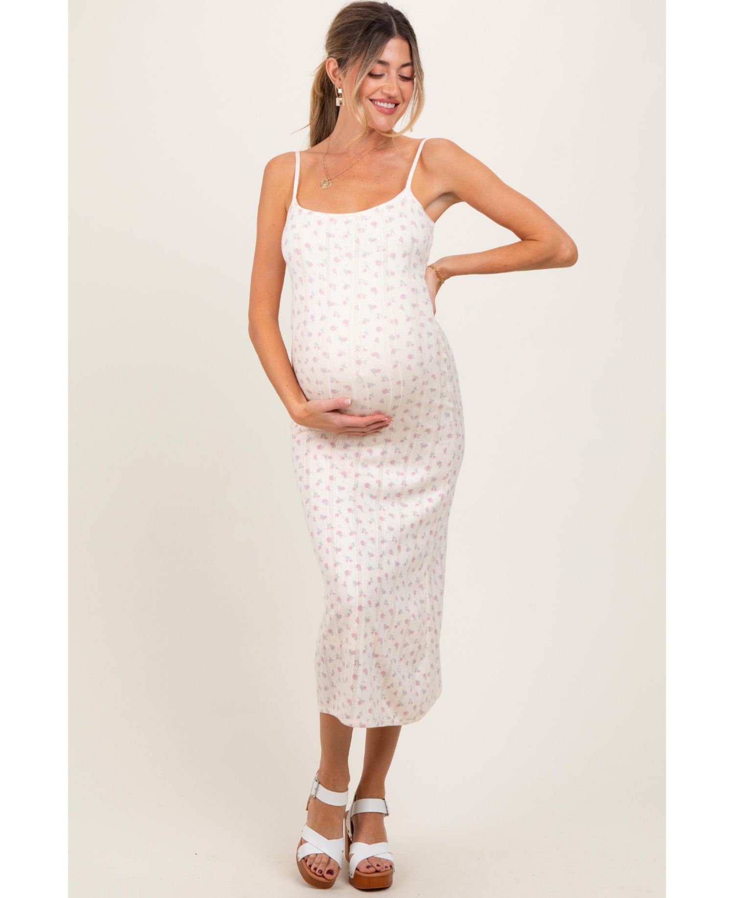 Women's Ivory Floral Pointelle Knit Midi Dress