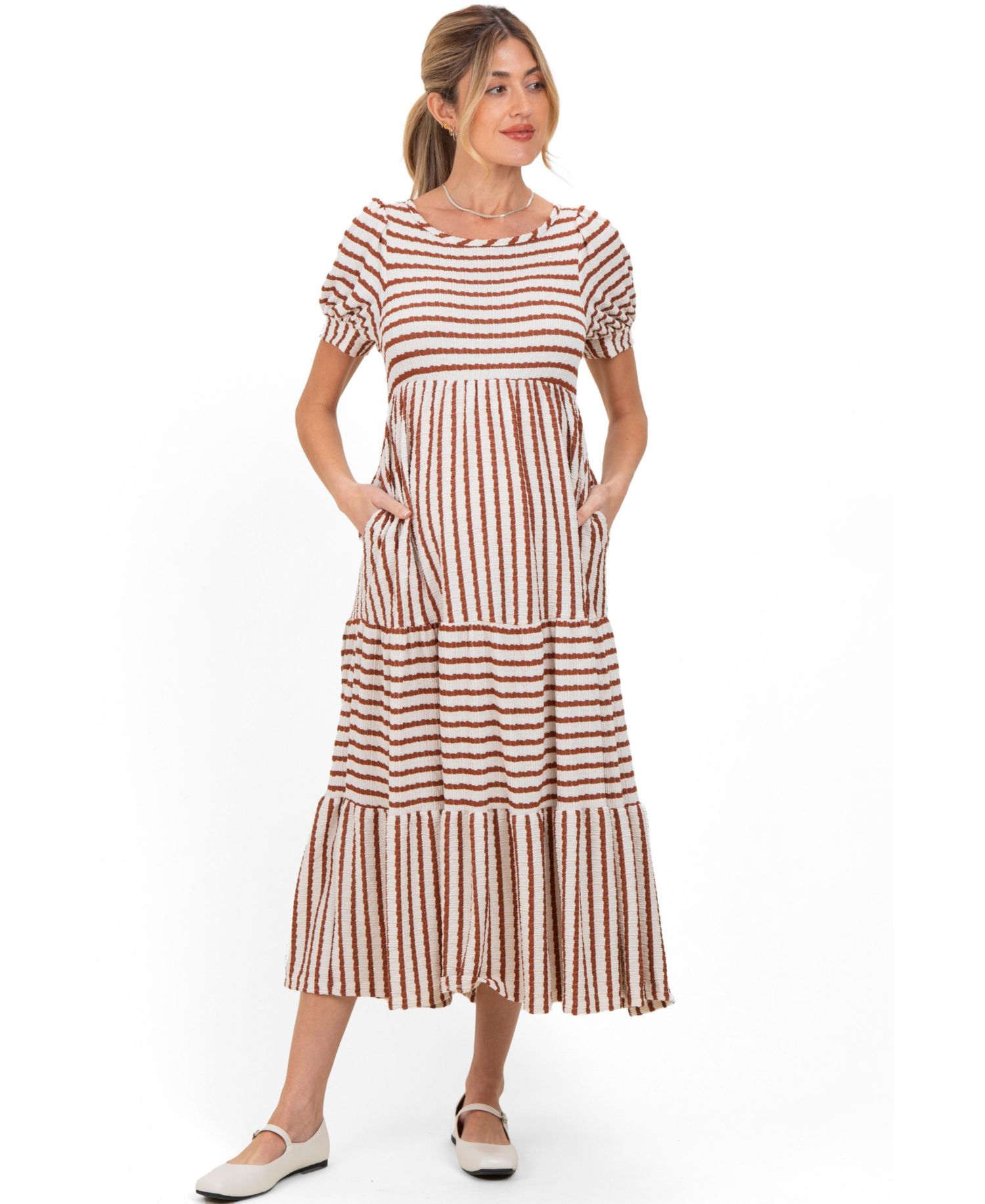 Women's Dusty Olive/ Cream Striped Short Sleeve Tiered Maxi Dress