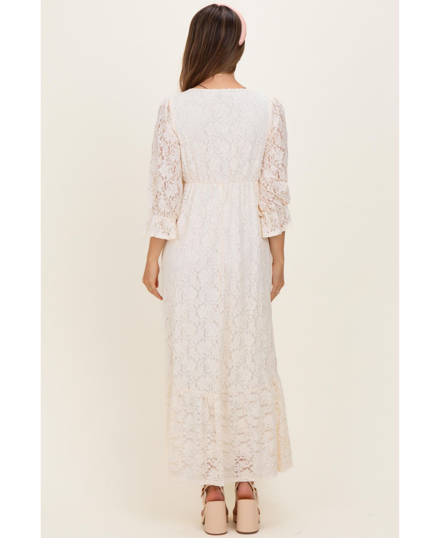 Women's Ivory Floral Lace 3/4 Ruffle Sleeve V-Neck Maxi Dress