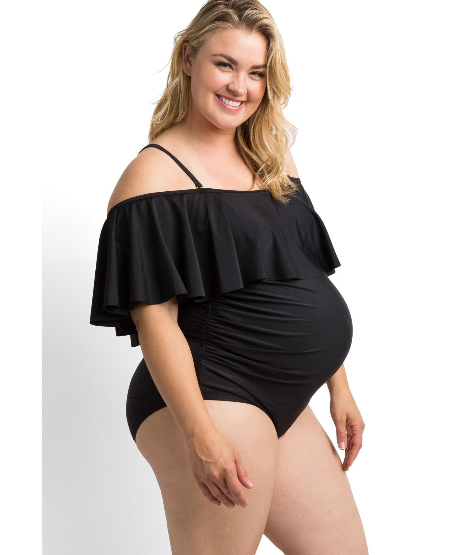 Women's Maternity Ruffle Trim Ruched One-Piece Plus Swimsuit