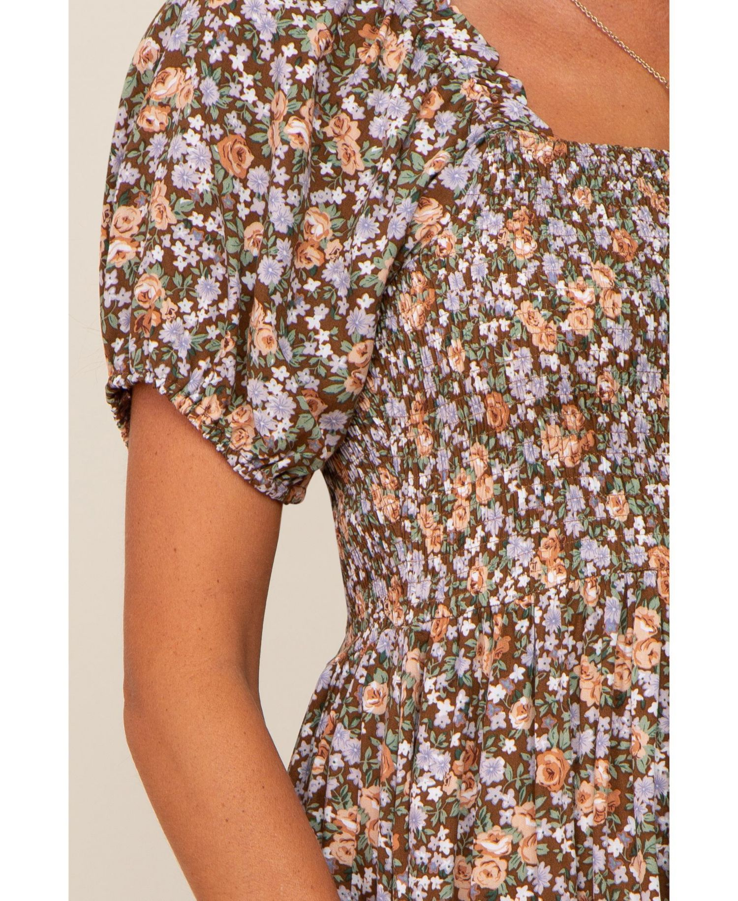 Women's Pink Floral Smocked Puff Sleeve Midi Dress