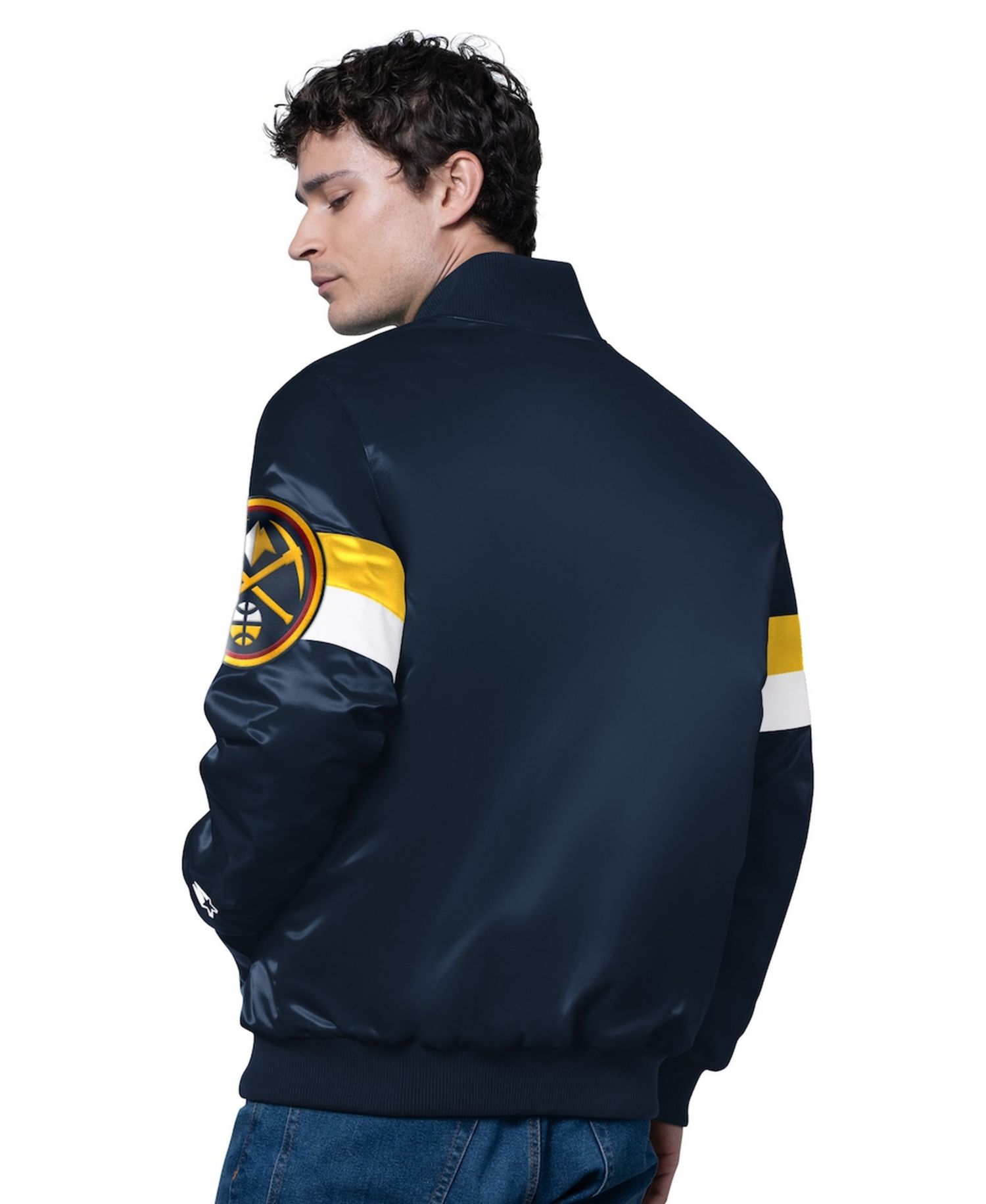 Men's Navy Denver Nuggets Triple Option Varsity Full-Snap Satin Jacket
