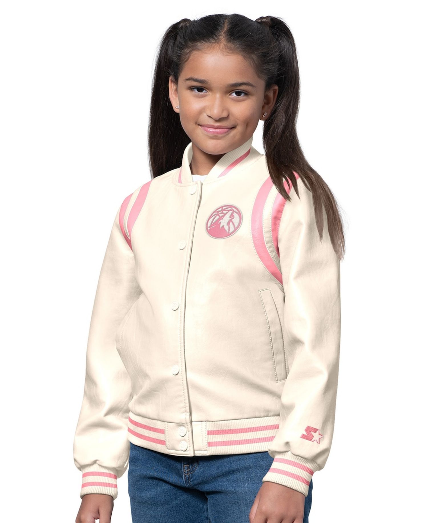 Girls Cream/Pink Minnesota Timberwolves Underdog Leather Varsity Jacket