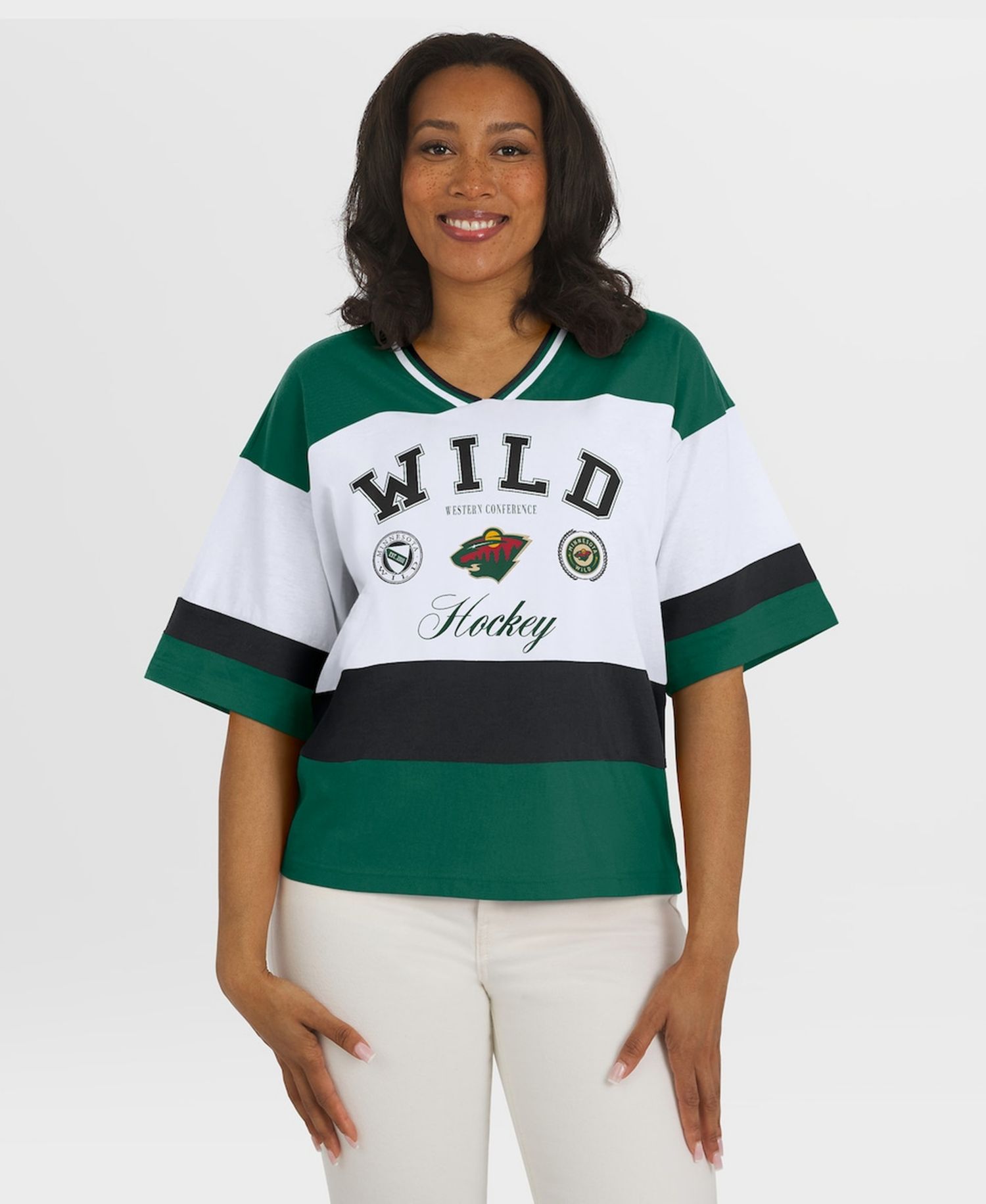 Women's Green/White Minnesota Wild Jersey Style T-Shirt