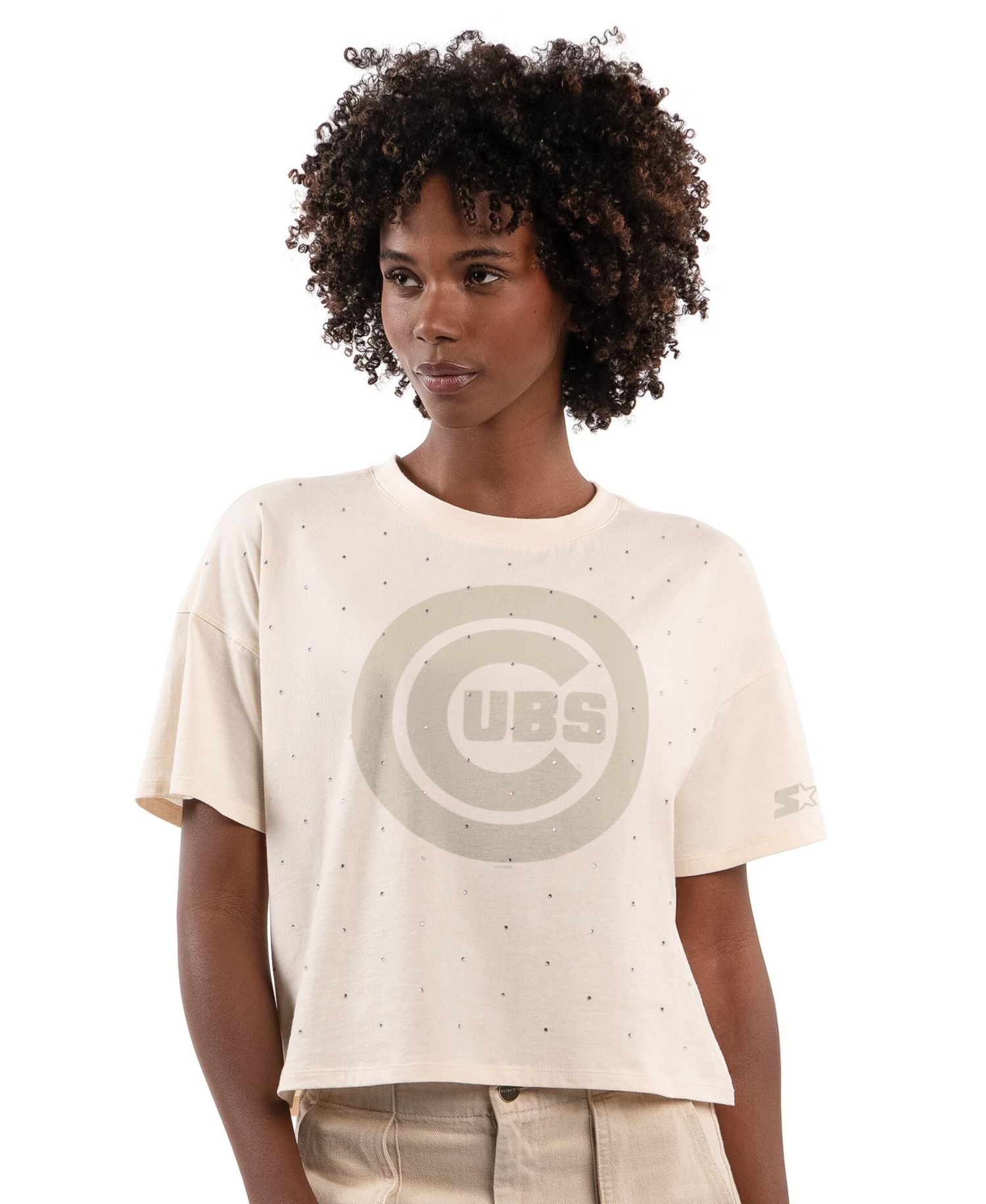 Women's Cream Chicago Cubs Rhinestone Sprinkle Boxy Cropped T-Shirt