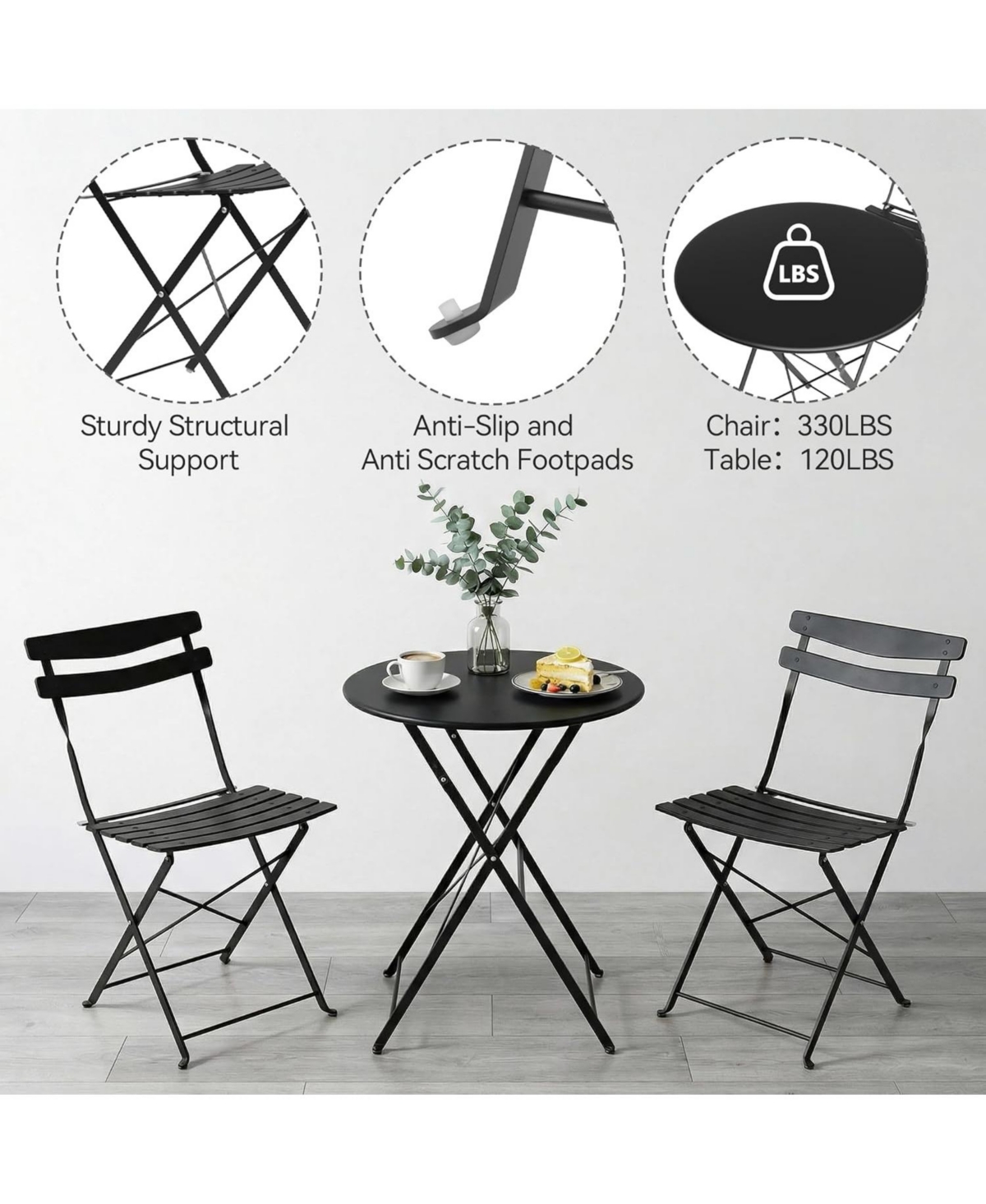 gaomon 3 Piece Folding Patio Bistro Set, Metal Table and 2 Chairs, Outdoor Indoor Furniture for Balcony, Garden, Yard, Porch