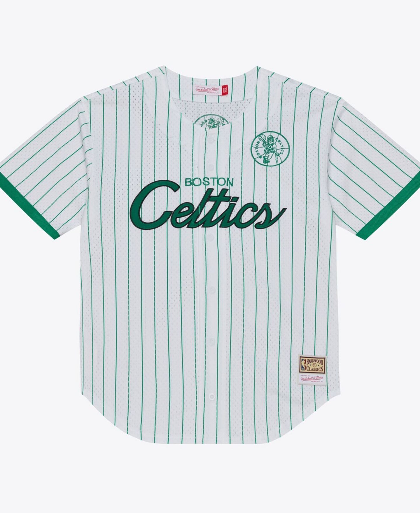 Мужской топ Mitchell & Ness White Boston Celtics Head Coach Pinstripe Mesh Full-Button Baseball Jersey — фото 1