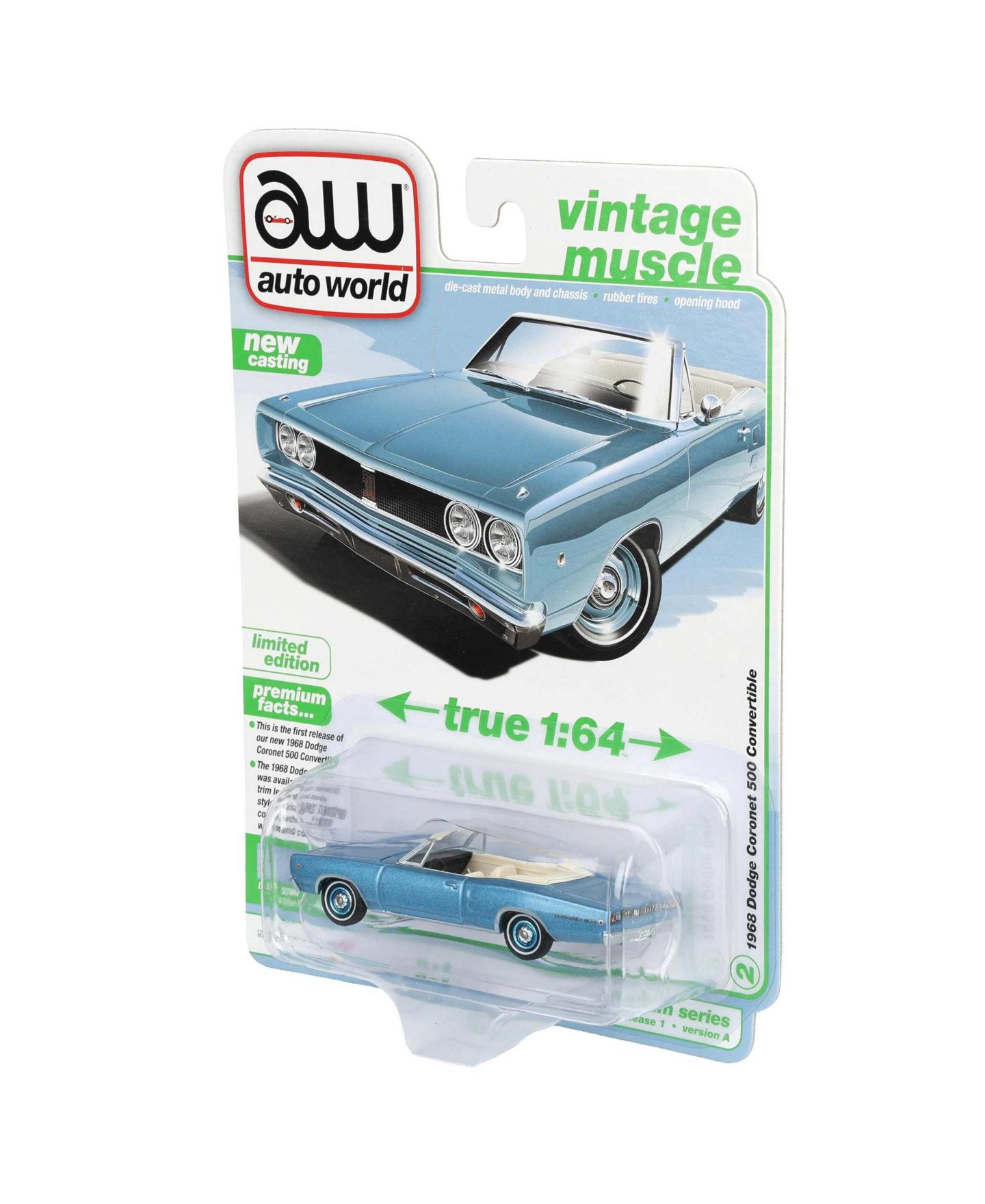 Детская игрушка Auto World 1:64 Scale Vintage Muscle Series 1968 Dodge Coronet 500 Convertible Diecast Collectible Car, цвет: Синий — фото 4