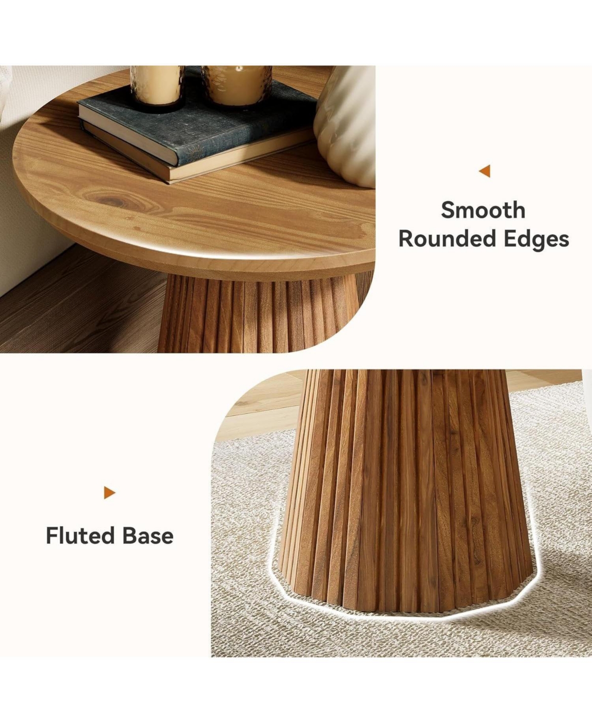 Slickblue Solid Wood Accent End Table with Round Top and Fluted Base