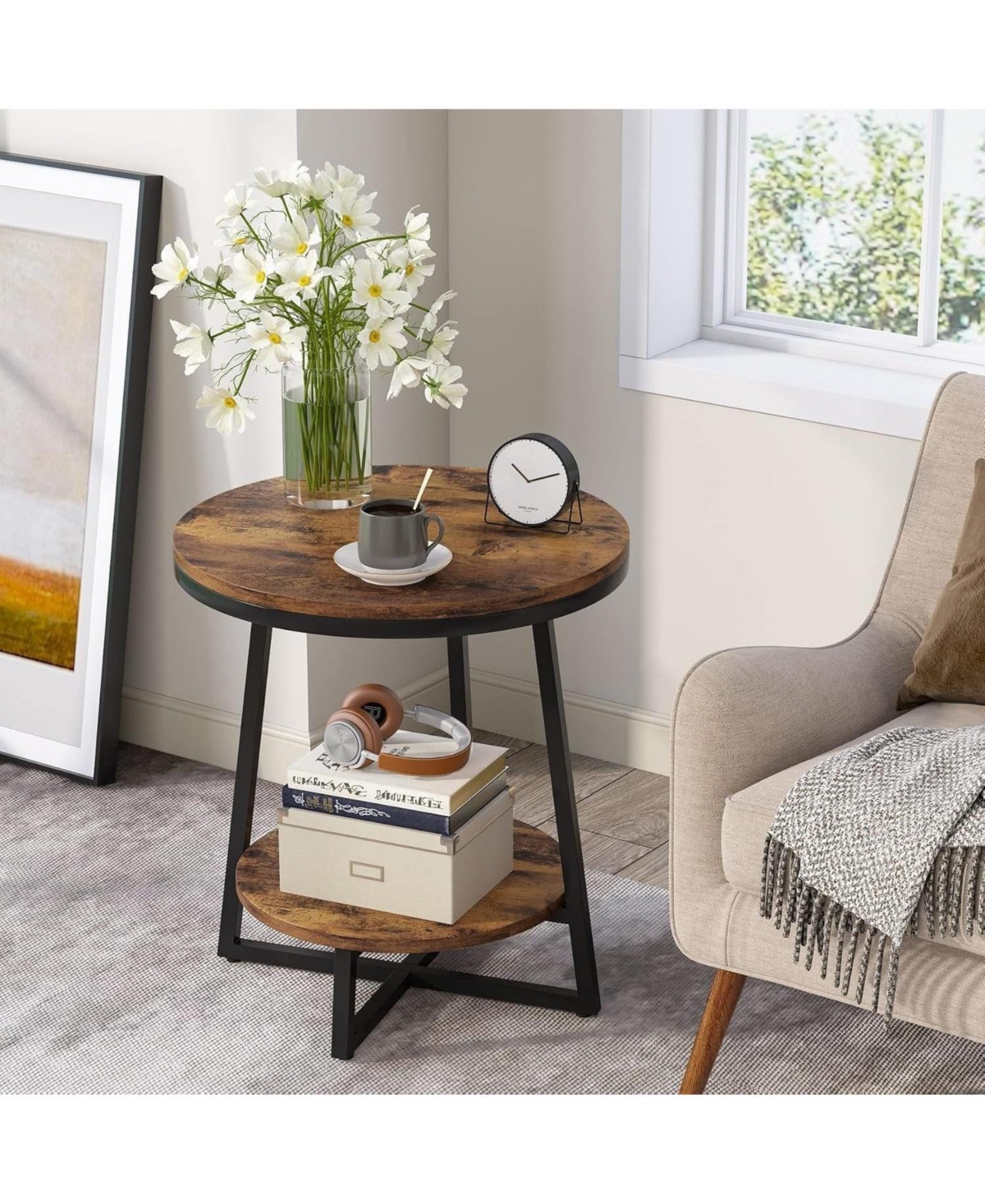 Slickblue Round Accent Bedside Table with 2 Tier Storage Shelf and Metal Frame