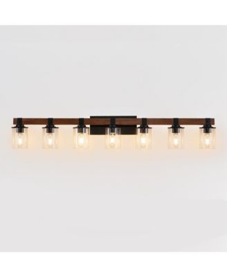 50 Inch Rustic 7 Light Vanity Light Industrial Bathroom Wall Sconce with Glass Shades and Wood Accent Modern Farmhouse Lighting No Bulbs