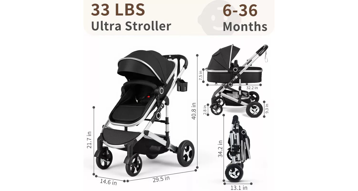 Cozi 2 Convertible Baby Stroller, Folding High Landscape Design with Adjustable Canopy and Diaper Bag