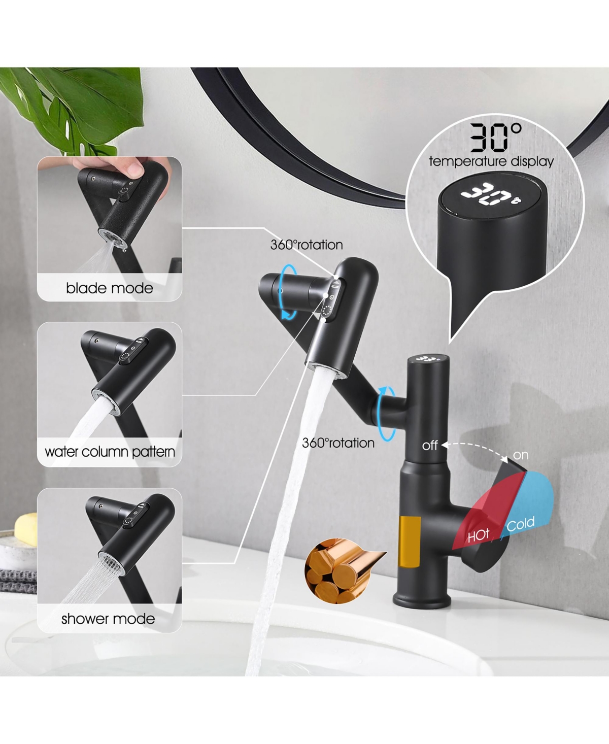 Phying Bathroom Sink Faucet with Spray Function, Temperature Display, Anti-Slip Switch, Hot and Cold Controls, and 360degree(s) Swivel Spout