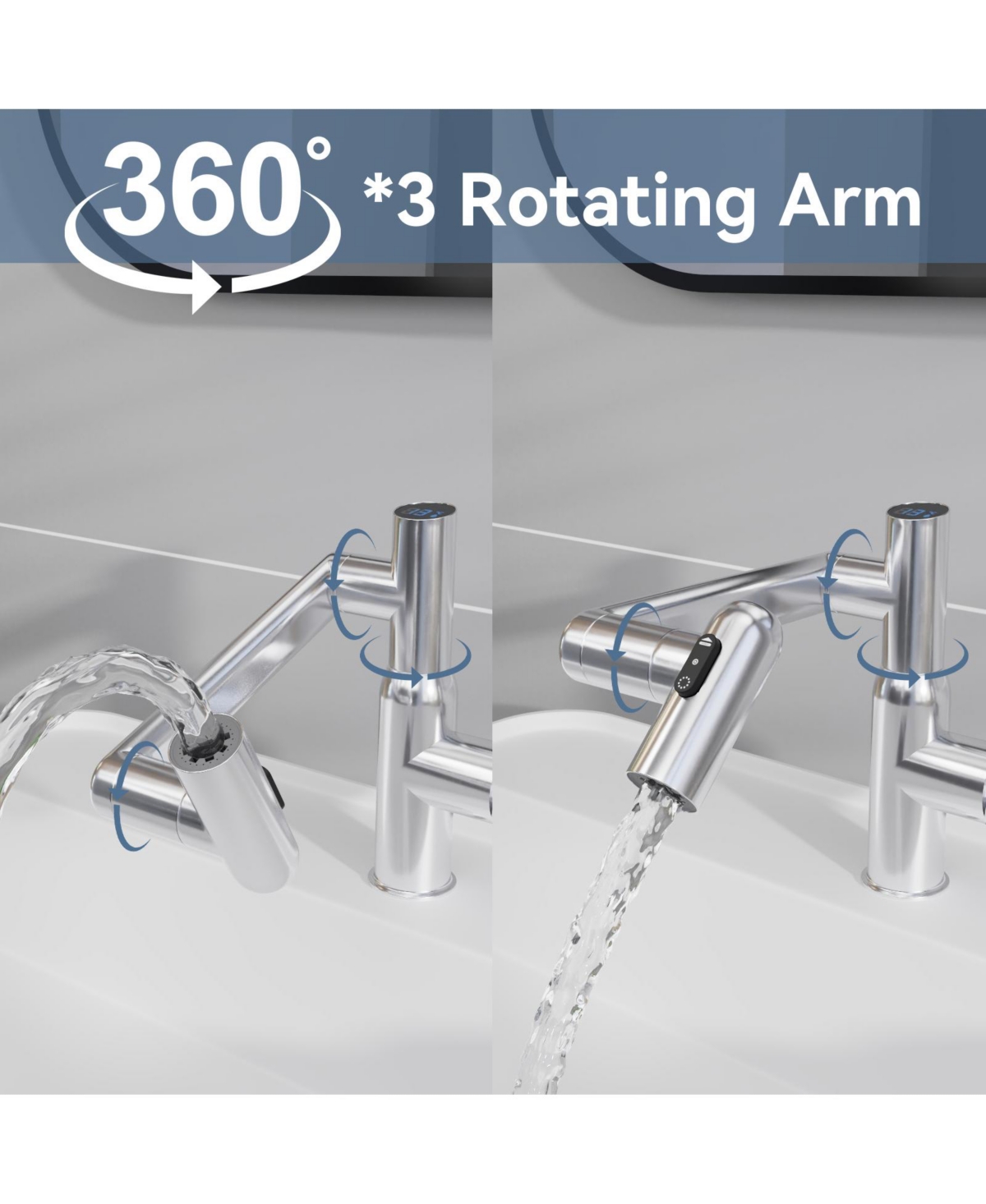 Phying Chrome Bathroom Sink Faucet with Spray Function and Temperature Display for Anti-Skid Switch and Hot and Cold and 360degree(s) Rotary