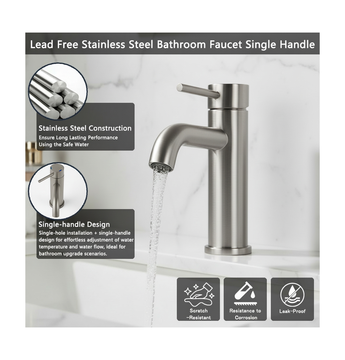 Phying Single Handle Bathroom Faucet Lavatory Faucet Stainless Steel Single Hole-T10