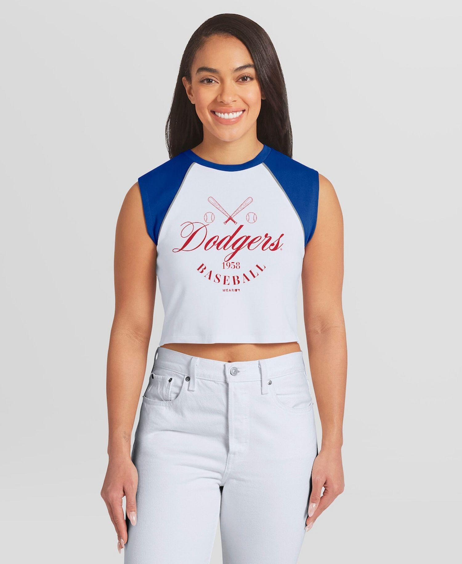 Women's White Los Angeles Dodgers Cooperstown Cropped Raglan Tank Top
