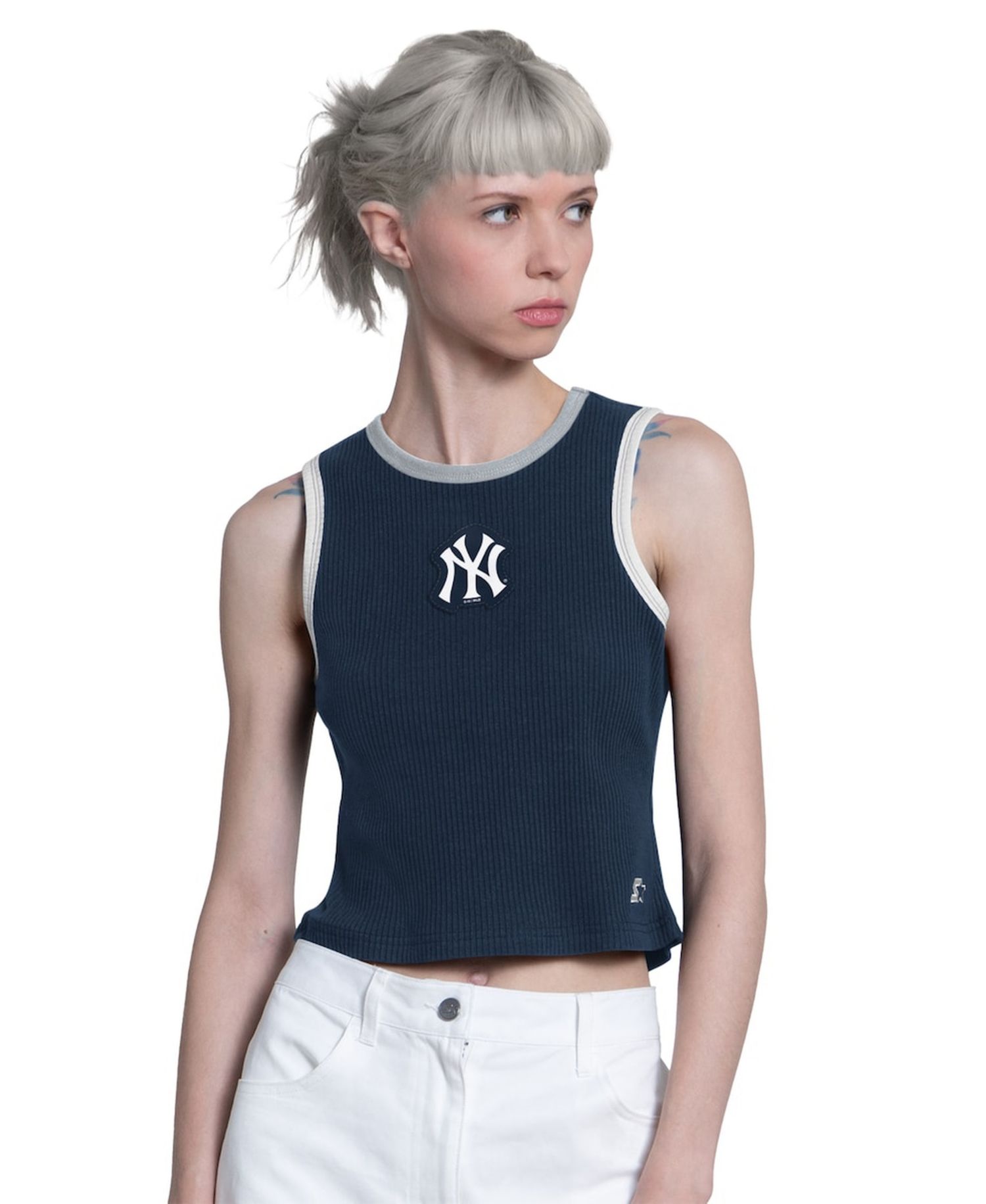 Women's Navy New York Yankees Cooperstown Play the Ball Cropped Tank Top