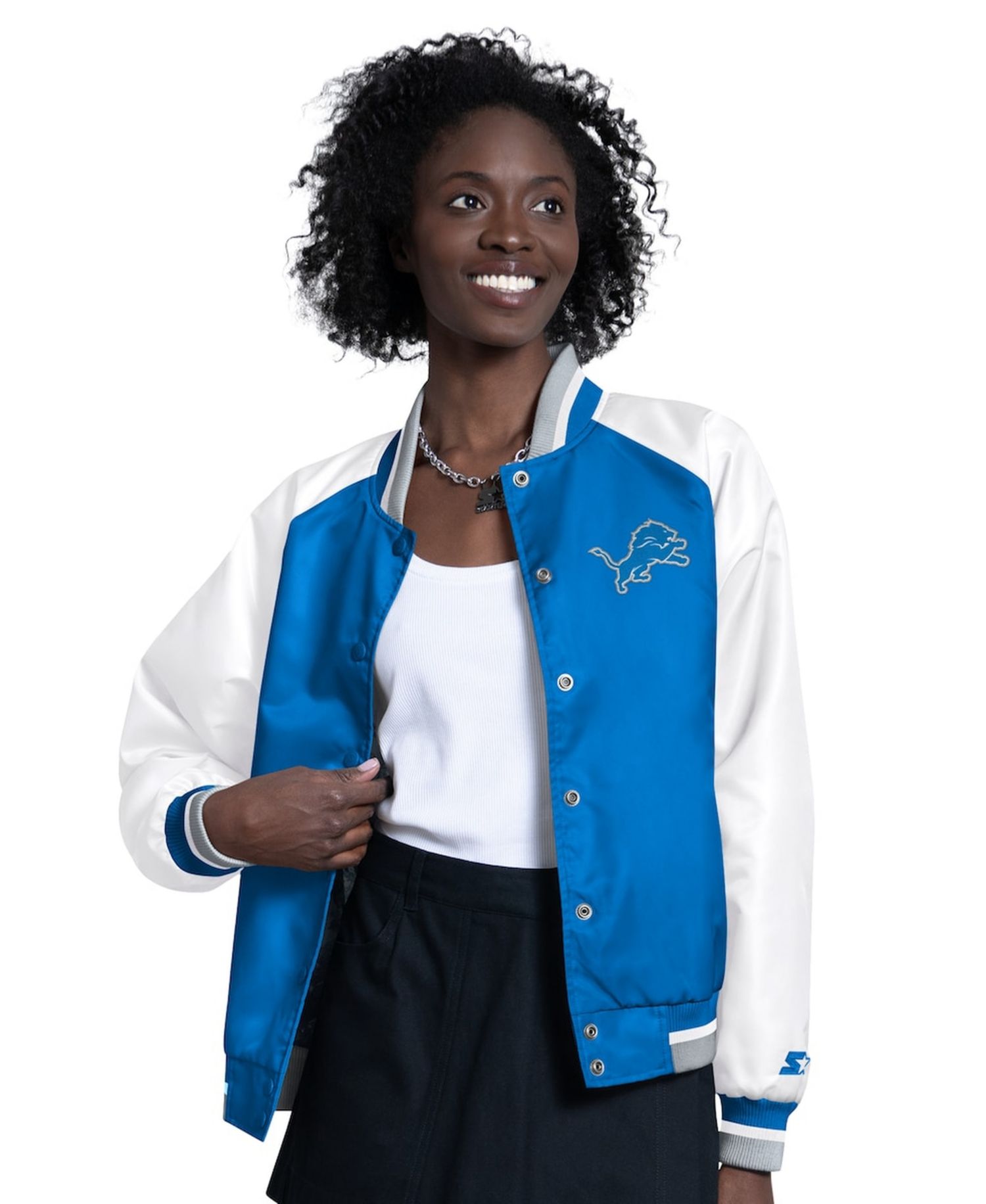 Women's Blue/White Detroit Lions Raglan Blitz Full-Snap Varsity Jacket