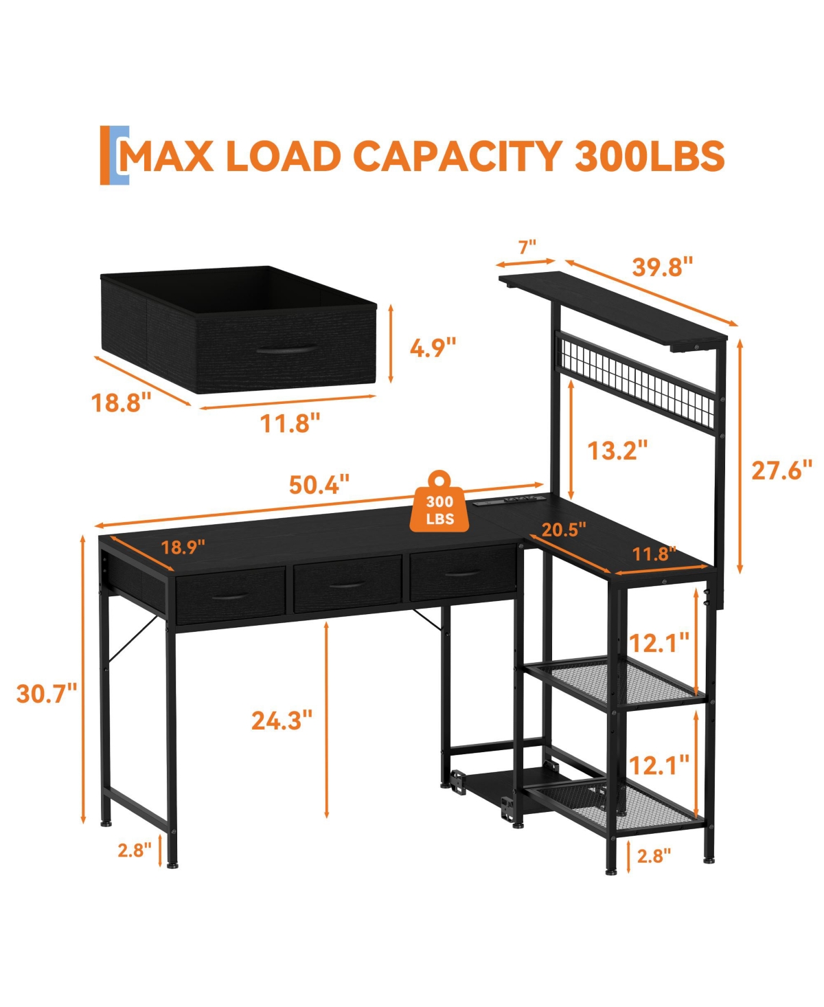 gaomon 50.4" L Shaped Computer Desk with Power Outlets and Led Lights, Reversible Home Office 3-Tier Storage Shelves Drawer