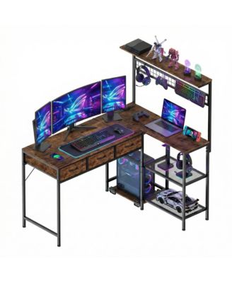 50.4" L Shaped Computer Desk with Power Outlets and LED Lights, Reversible Home Office Desk with 3-Tier Storage Shelves and Drawer