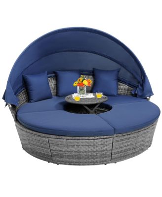 Outdoor Round Daybed with Retractable Canopy and Side Table Backyard Poolside Lawn