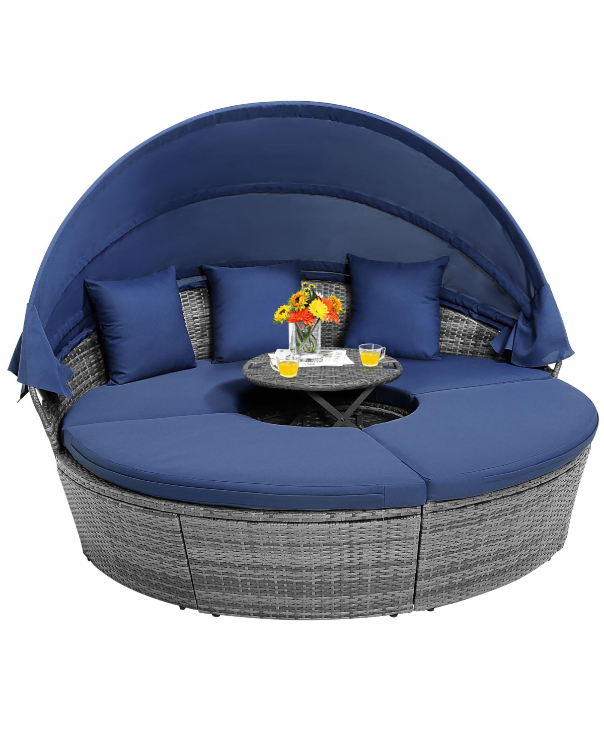 Gymax Outdoor Round Daybed with Retractable Canopy and Side Table Backyard Poolside Lawn