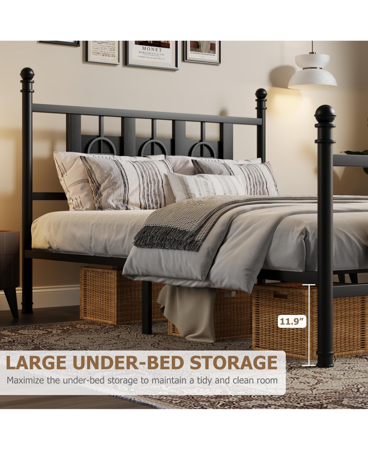 homfan Durable Metal Platform Bed Frame with Retro Circular Design, Headboard and Footboard Included, Underbed Storage Space
