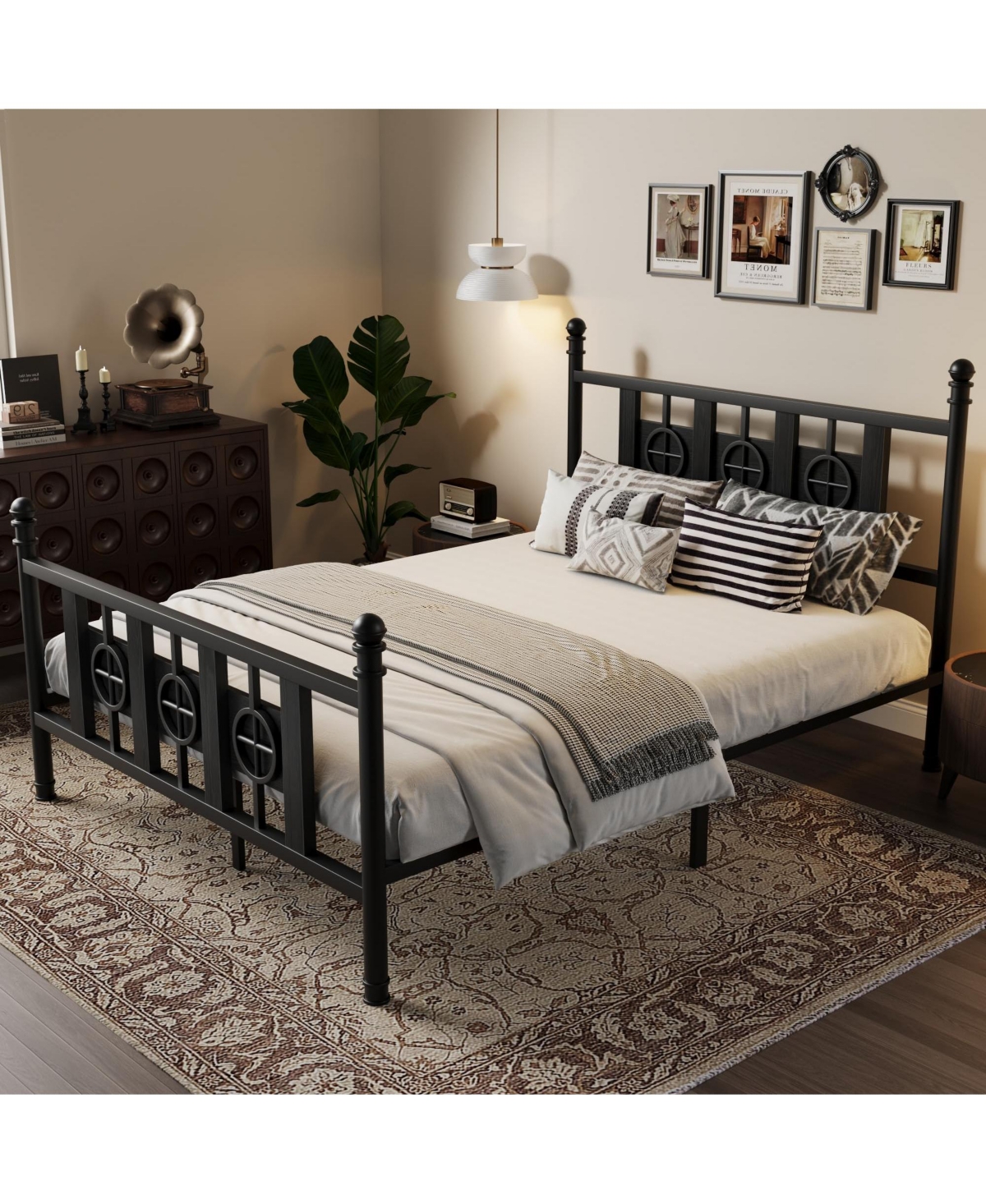 homfan Durable Metal Platform Bed Frame with Retro Circular Design, Headboard and Footboard Included, Underbed Storage Space