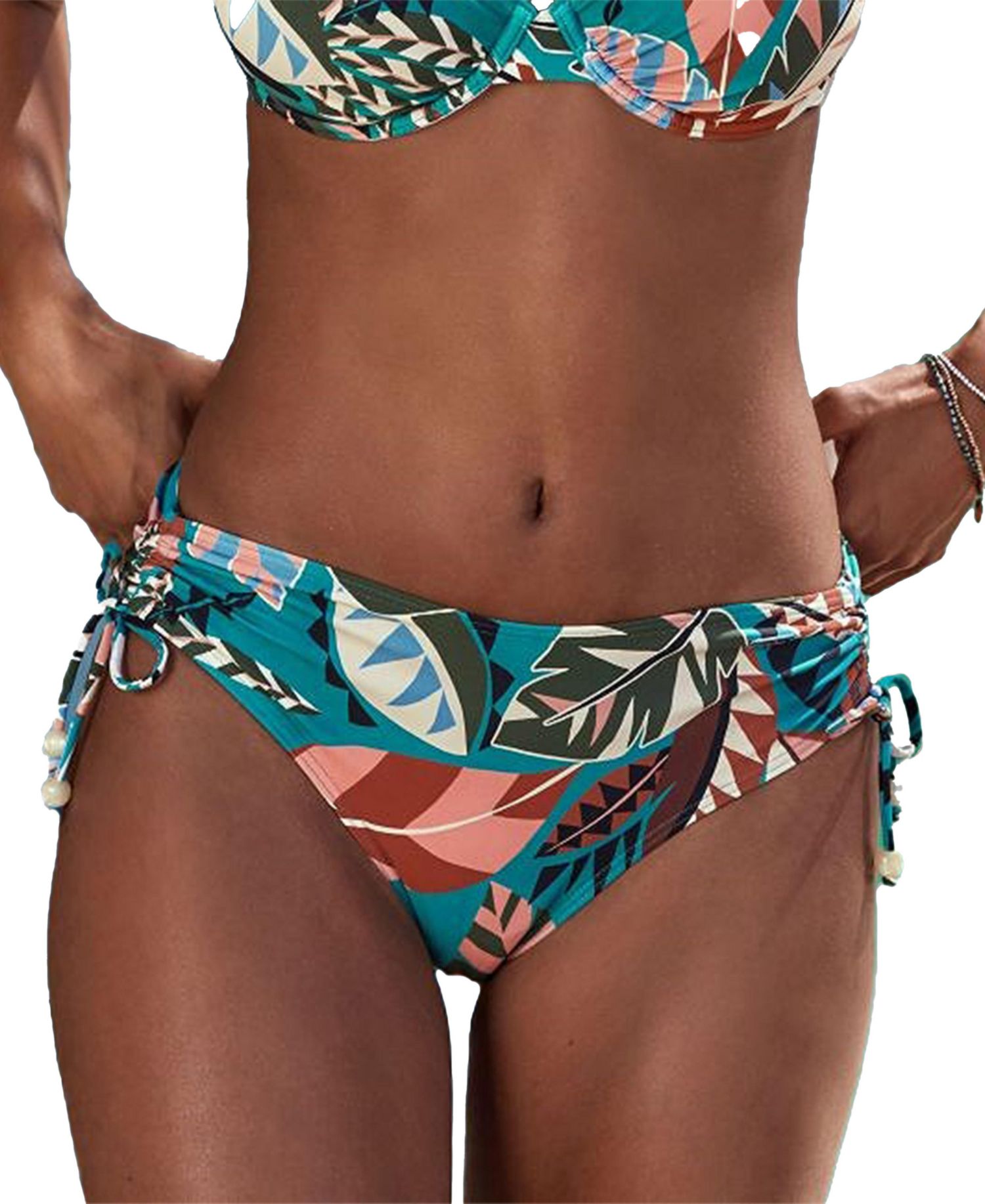 Women's Tropical Print Mid Rise Bikini Ruched Swim Bottom