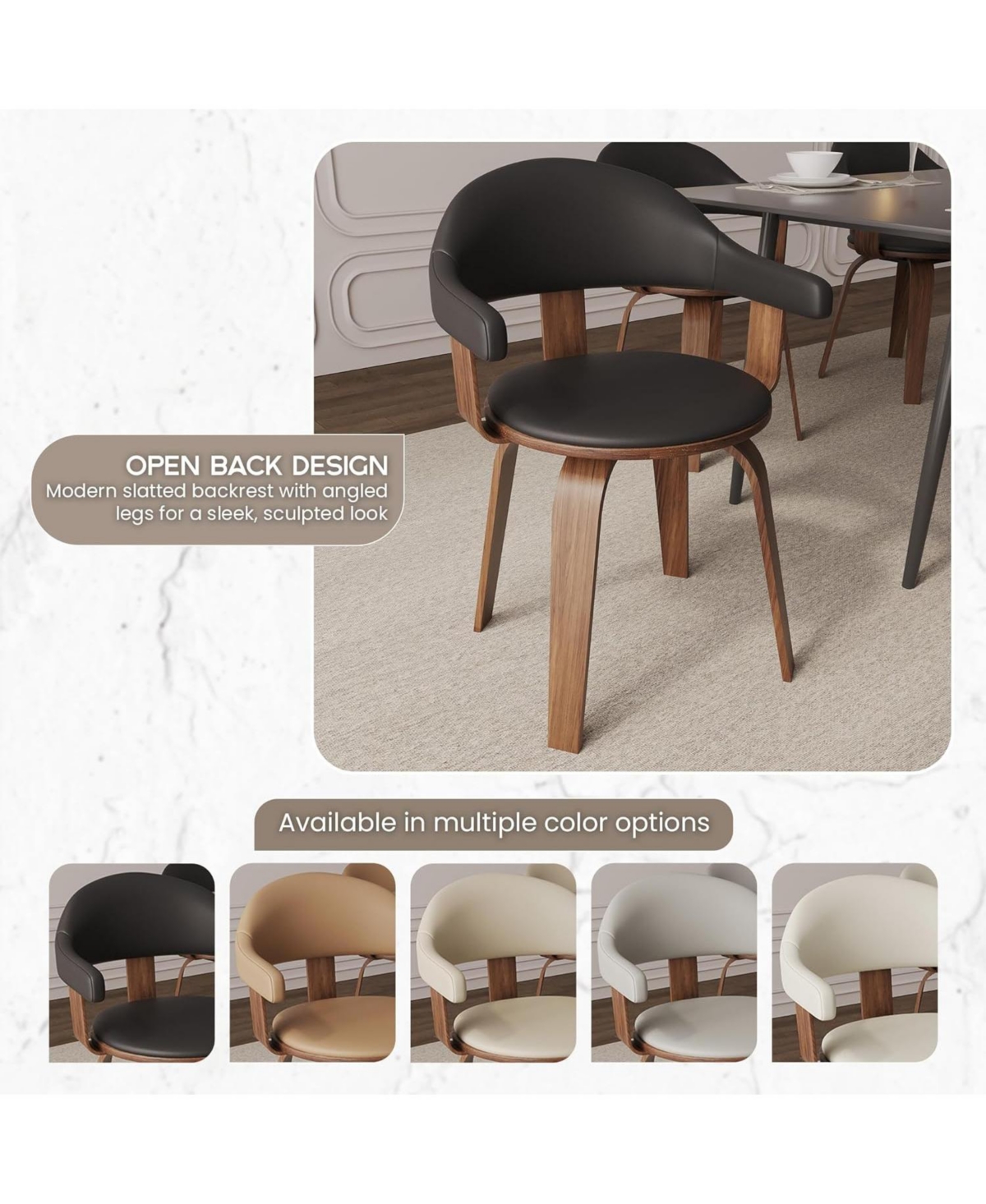 LeisureMod Brivo Upholstered Dining Chair with Swivel, Leather and Poplar Wood Frame, Open-Back Design Armrests for Modern, Kitchen