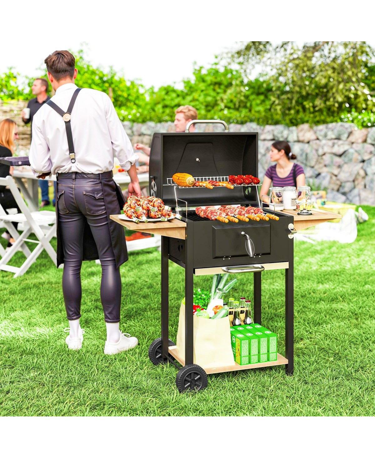 Asagikoiai Large Charcoal Bbq Grill with Thermometer, Wheels and Side Shelves