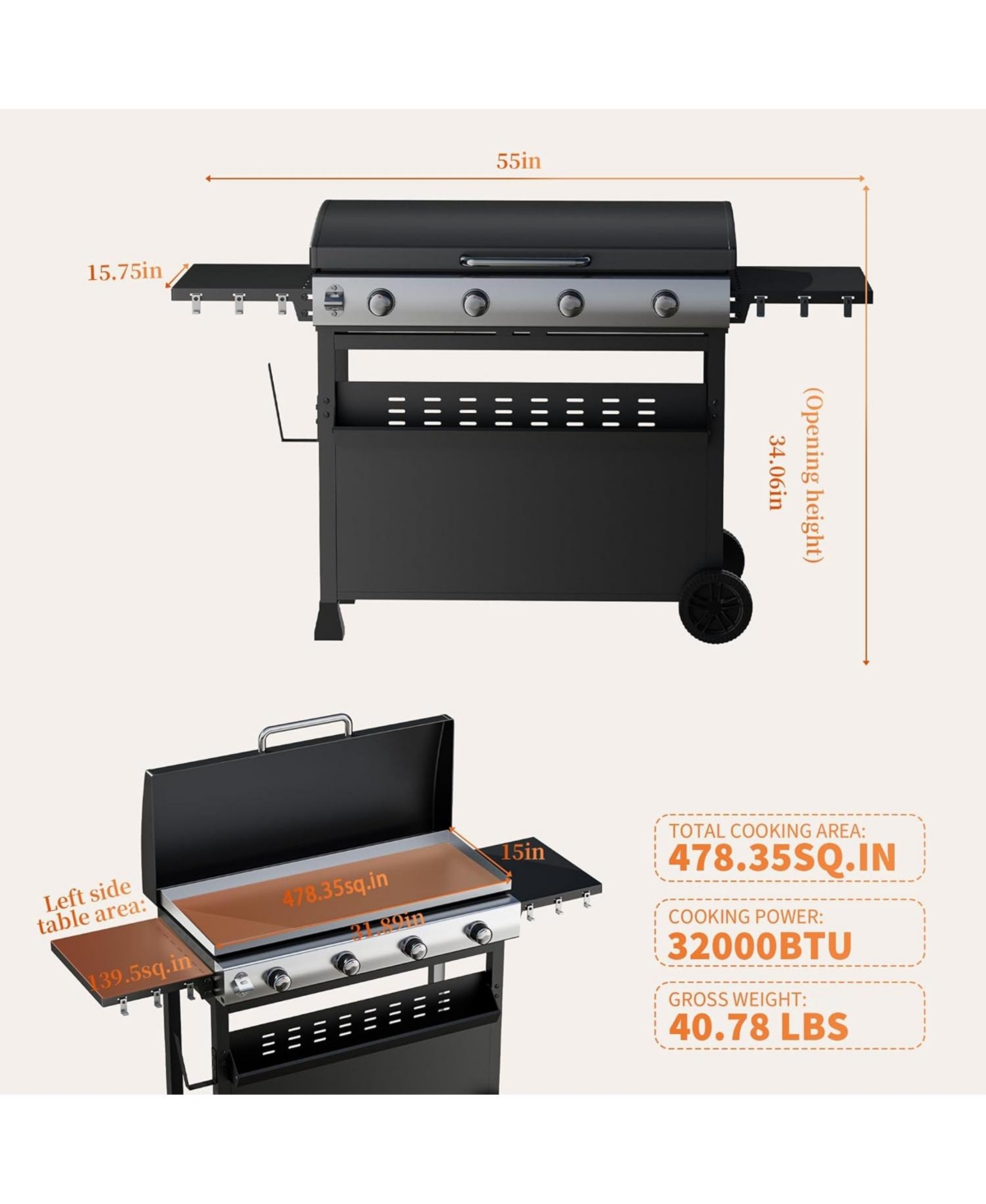Xo Stainless Steel 32000 Btu 4 Burner Propane Gas Griddle with Hood for Outdoor Use