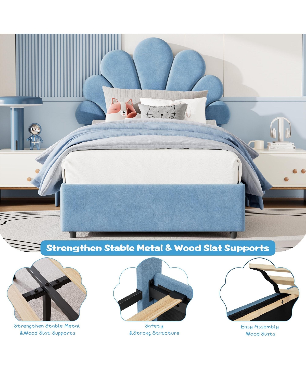 homfan Twin Size Velvet Platform Bed Frame with 2 Storage Drawers, Upholstered Headboard, Wood Slats Support, No Box Spring Needed, Easy Assembly
