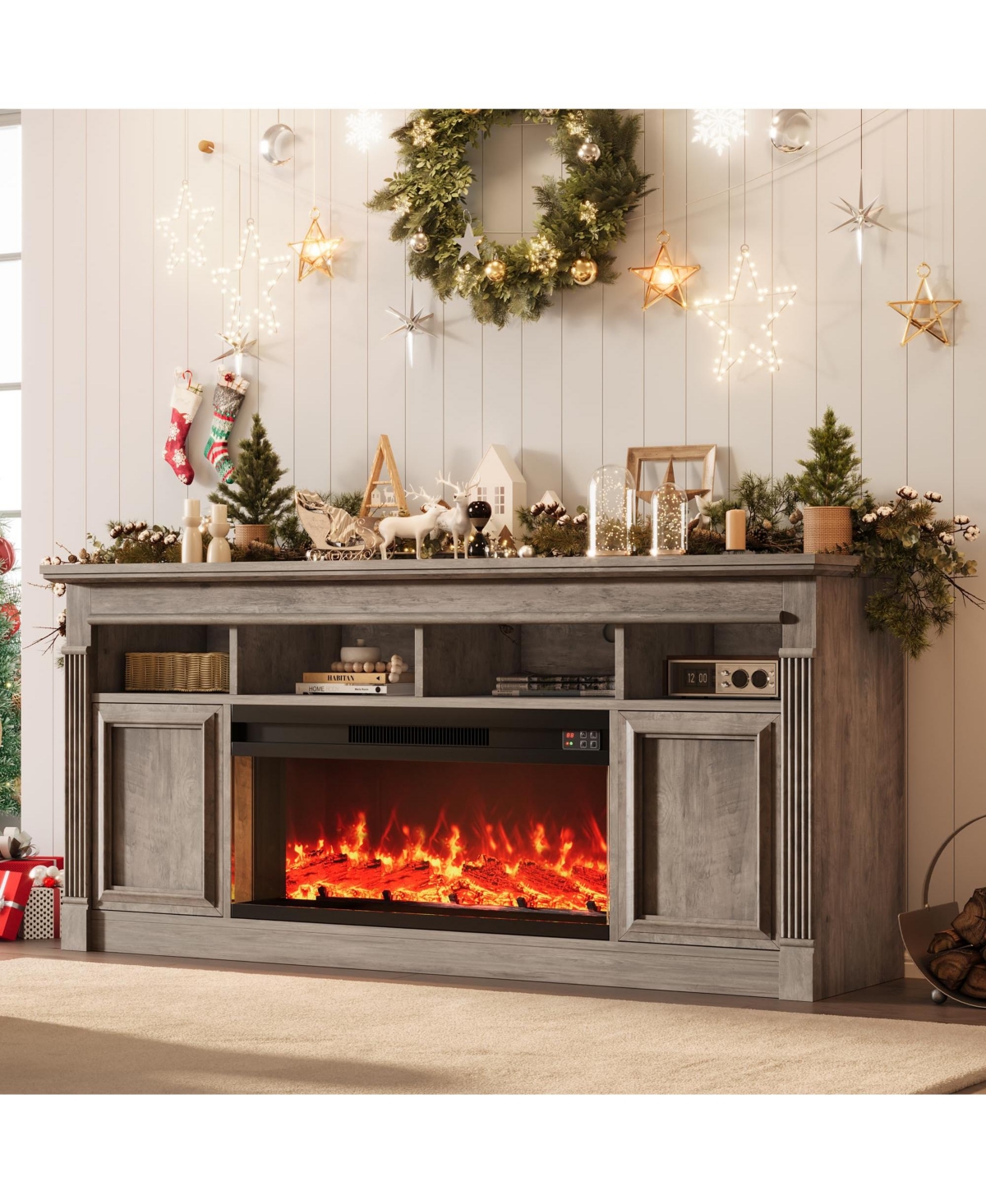 homfan 68" Farmhouse Electric Fireplace Tv Stand, Entertainment Center with Open Storage Cabinets for TVs up to 75", Media Console for Living Room
