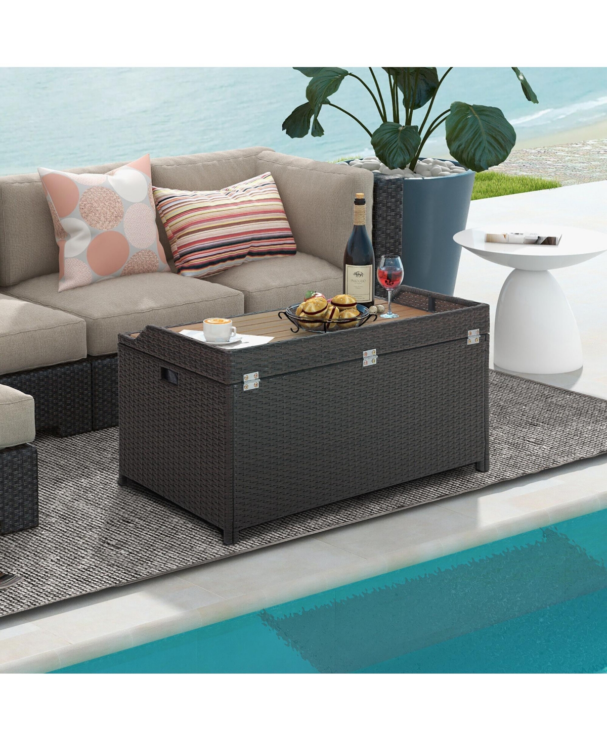 Gymax Patio Wicker Bench Deck Box with Acacia Wooden Seat Storage Bench Poolside Garden