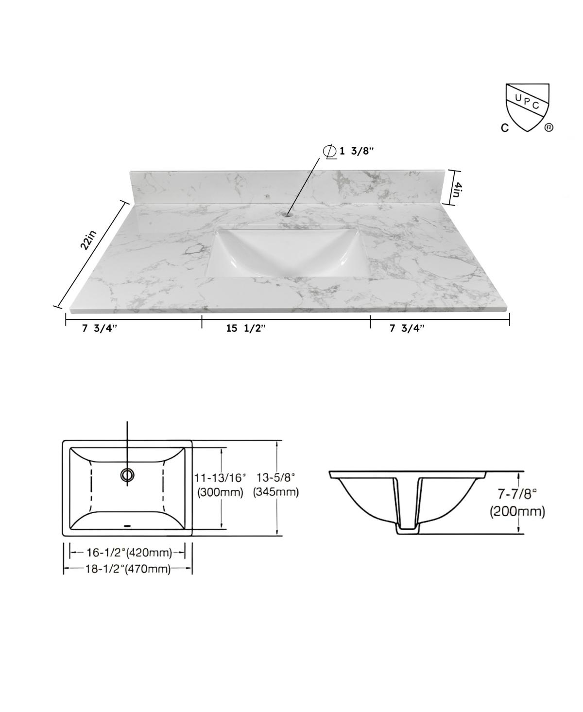 Sillysis 31/37/43 Inch Carrara Marble Stone Bathroom Vanity Top with Rectangular Undermount Sink and Backsplash