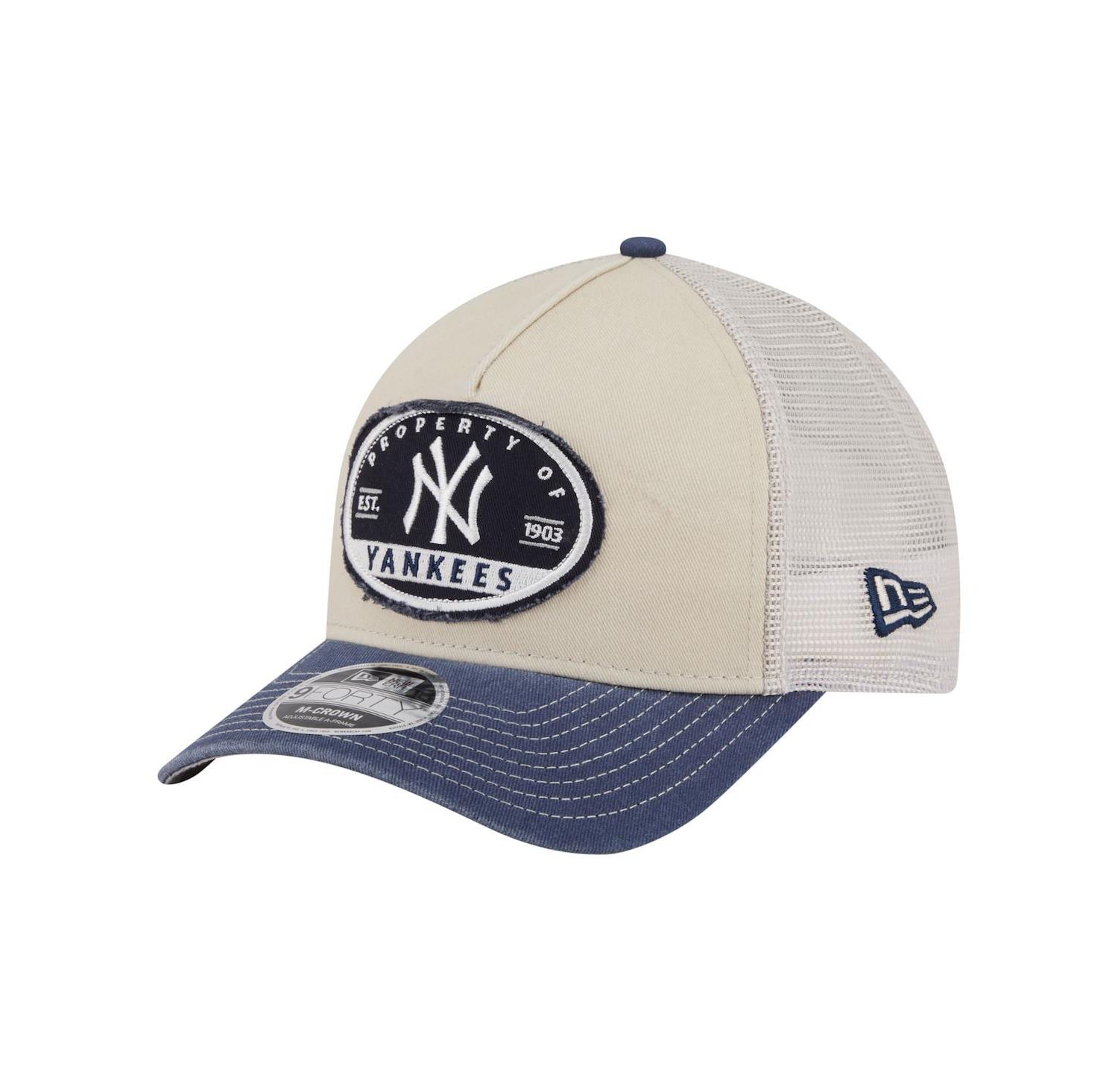 Men's Light Beige/Navy New York Yankees Frayed M-Crown A-Frame 9FORTY Trucker Adjustable Hat