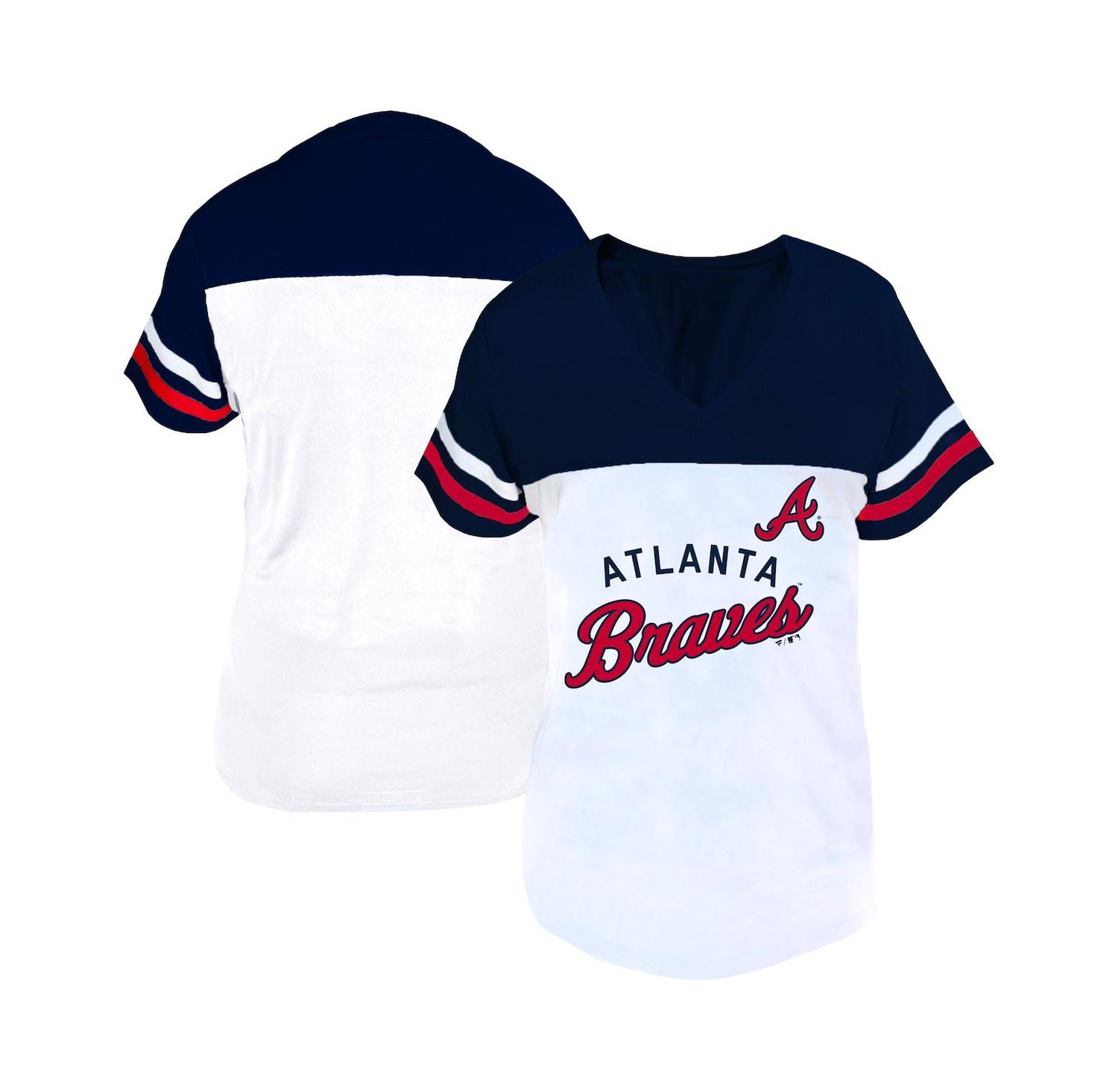 Women's White/Navy Atlanta Braves Plus Size Two-Stripe V-Neck T-Shirt