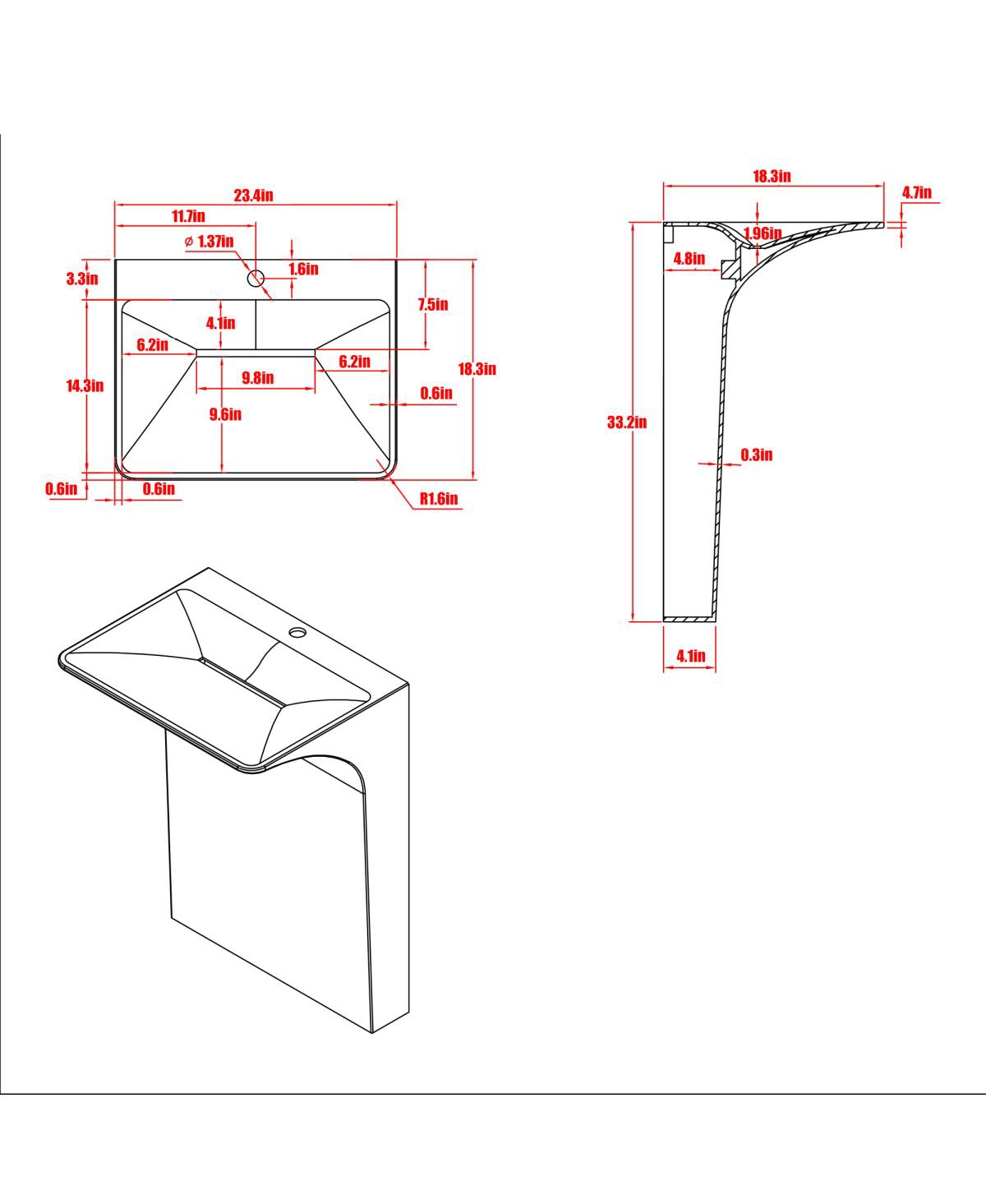 Sillysis Solid Surface Pedestal Sink, Seamless Modern Freestanding Wall-Mount Basin with Sloped Linear Drain, 23x18x33 Inch for Small Bathroom