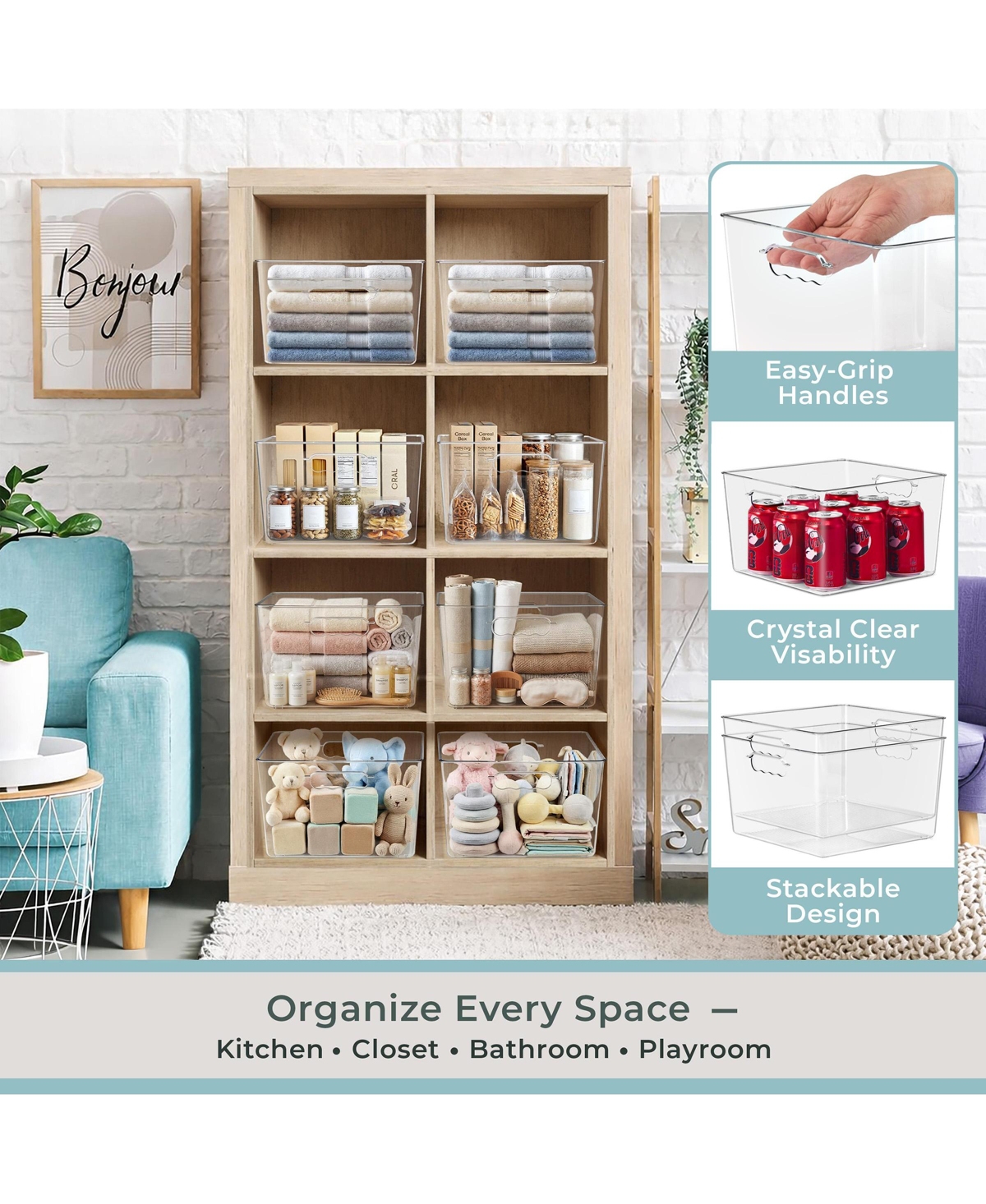 Sorbus 6 Pack Large Square Stackable Storage Bins with Handles - for Storage, Closet, Shelf and Home Organization