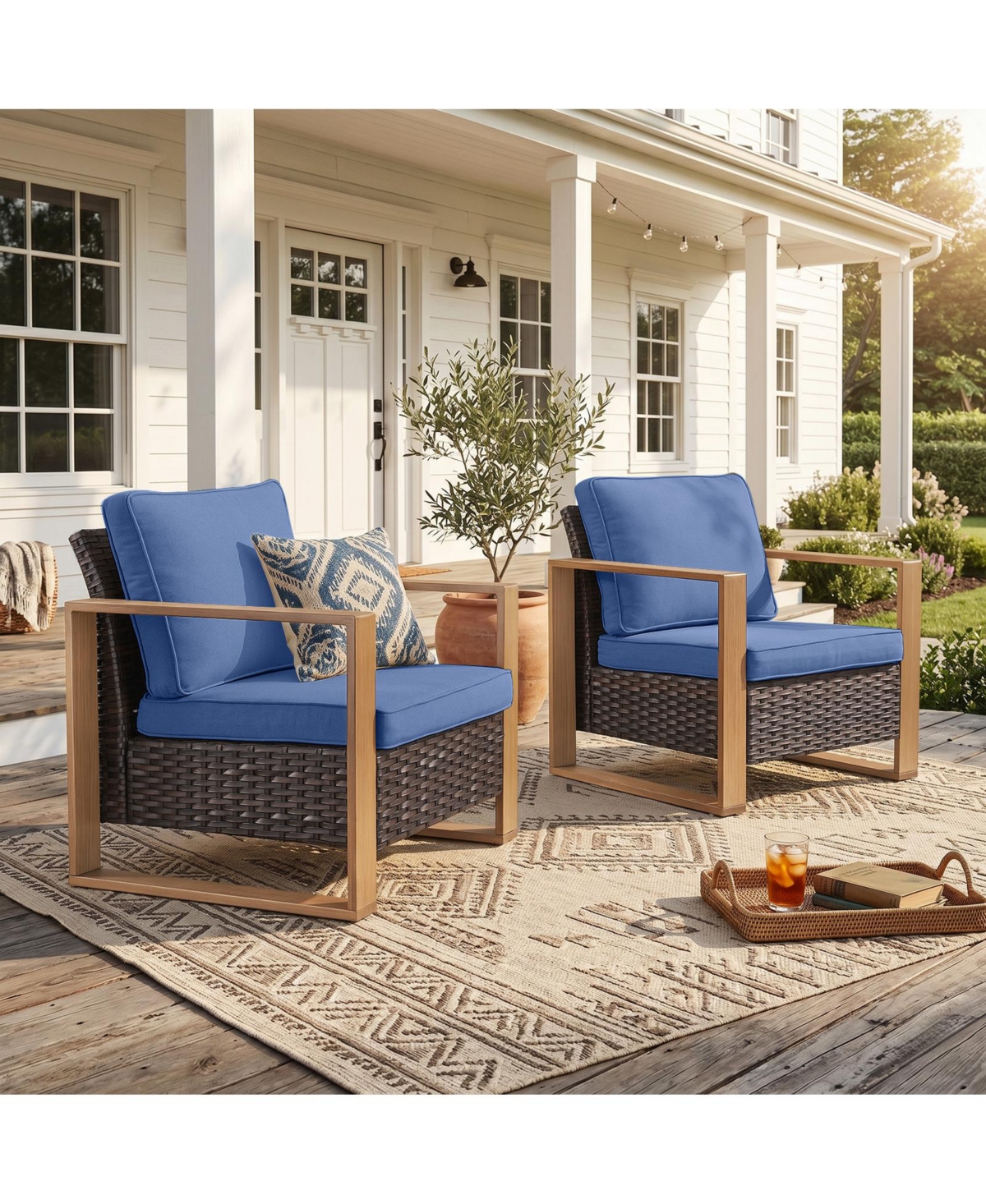 Pocassy Wicker Patio Chairs Set of 2,Oversize Outdoor with High Backrest Metal Armrest, All Weather Pe Rattan Seating