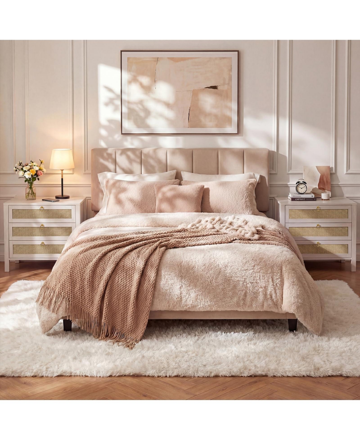 homfan Modern Rattan Bedside Table, Elegant Contemporary Bedside Furniture with Room Storage Space for Bedrooms