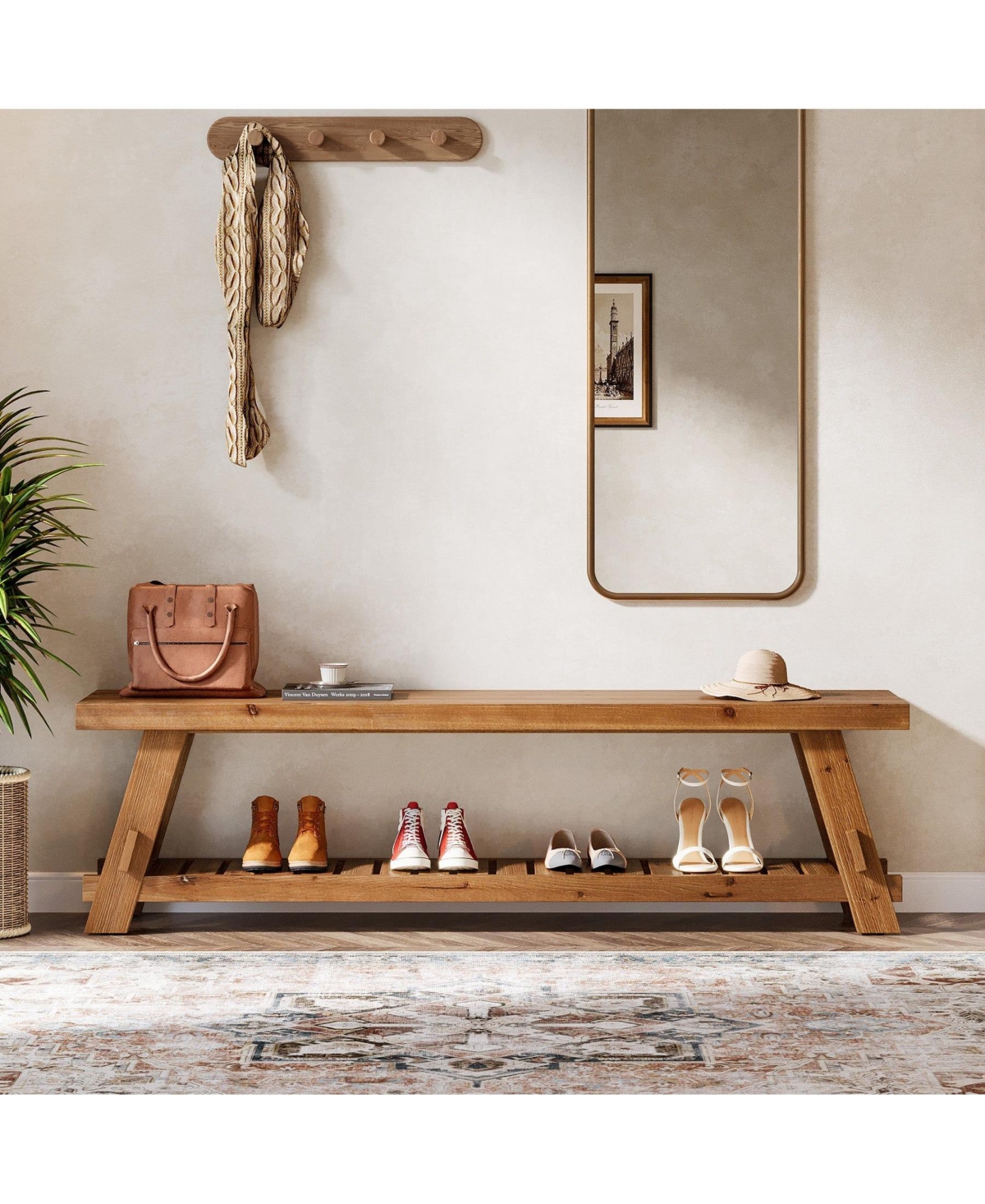 Slickblue 2-Tier Solid Wood Shoe Bench for Hallway or Foyer